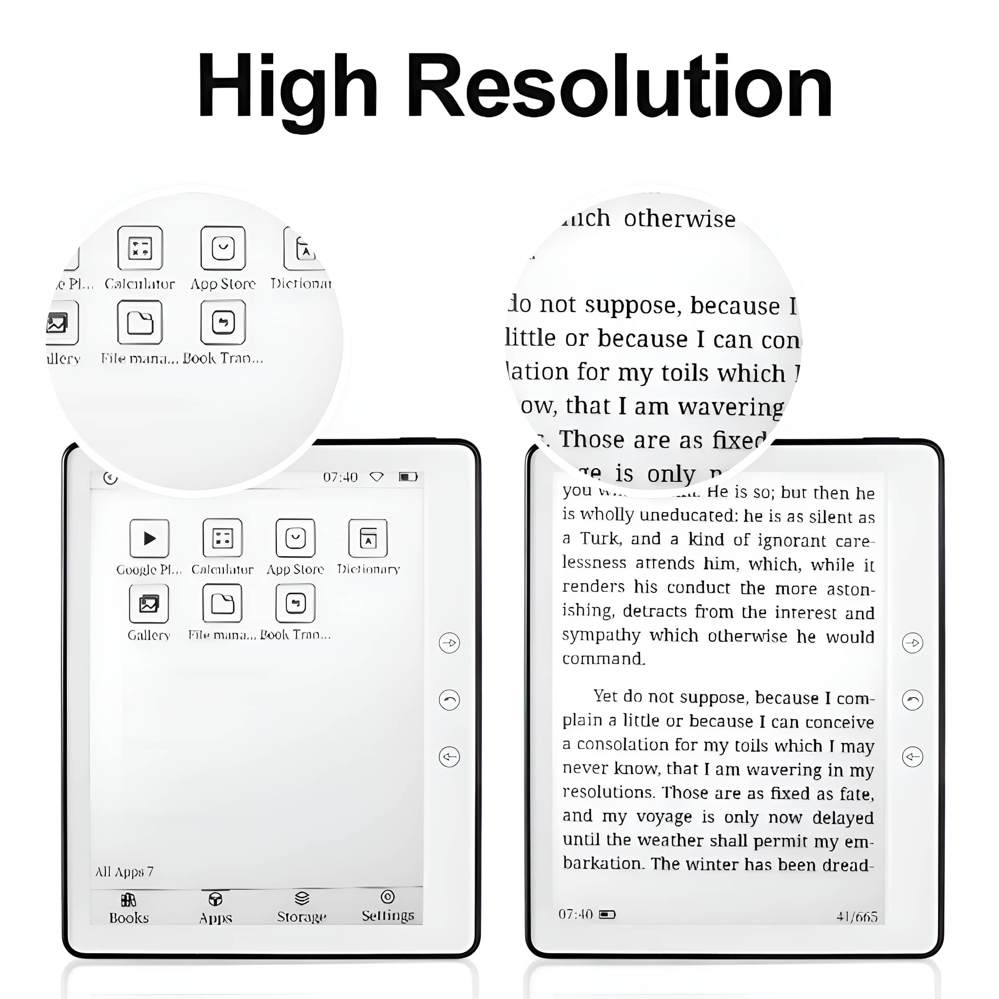 Zwei Tablets zeigen Text und Symbole. Nahaufnahme von Text und Apps. 'High Resolution' Text oben.