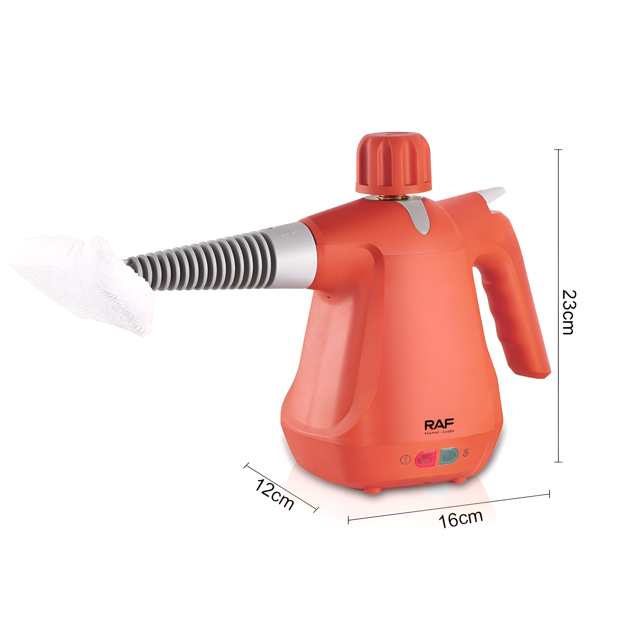 Ein orangefarbener Handdampfer mit auf dem Bild beschrifteten Abmessungen.