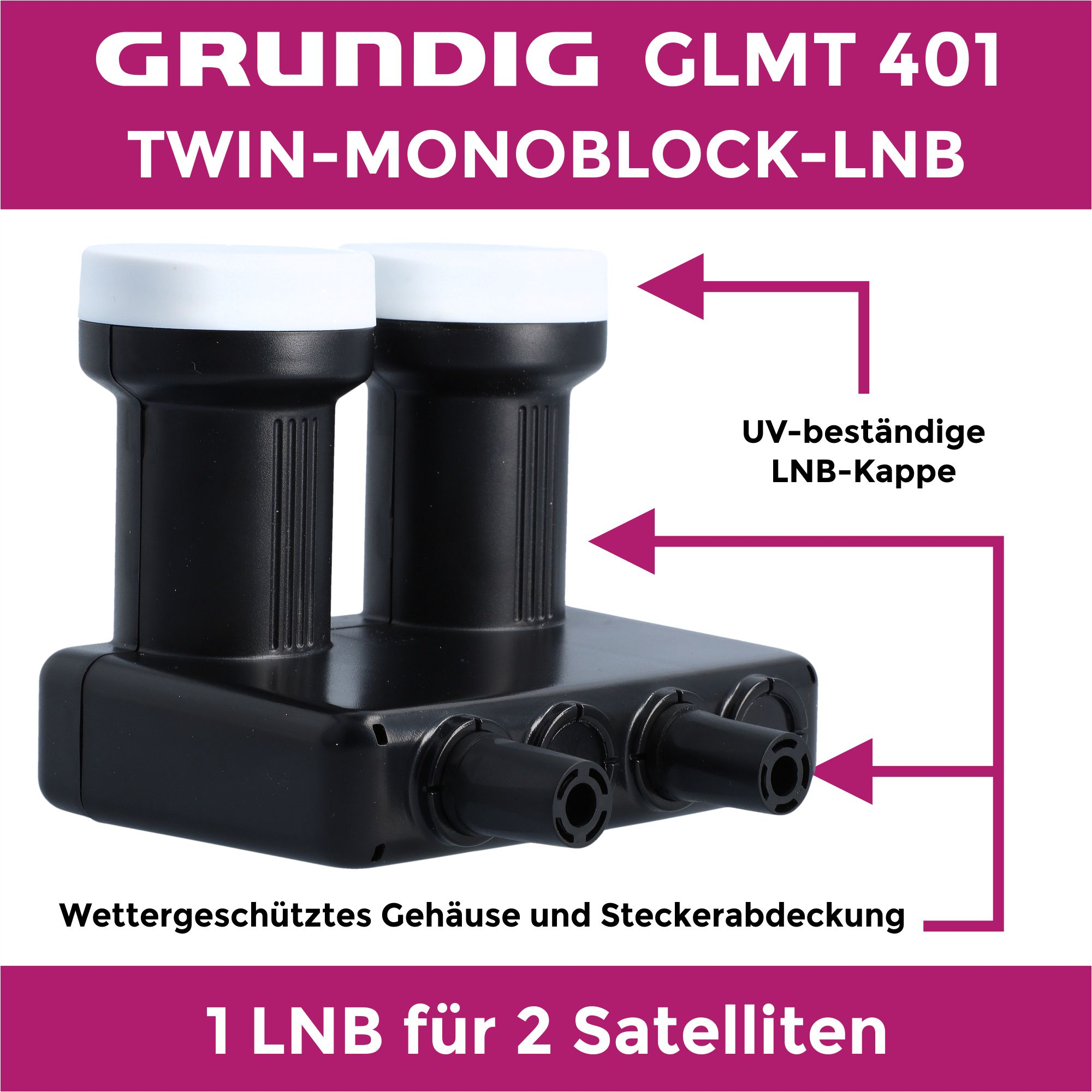 Ein schwarzes Grundig GLMT 401 LNB mit zwei weiß bedeckten Zylindern. Text und Pfeile zeigen auf Funktionen.