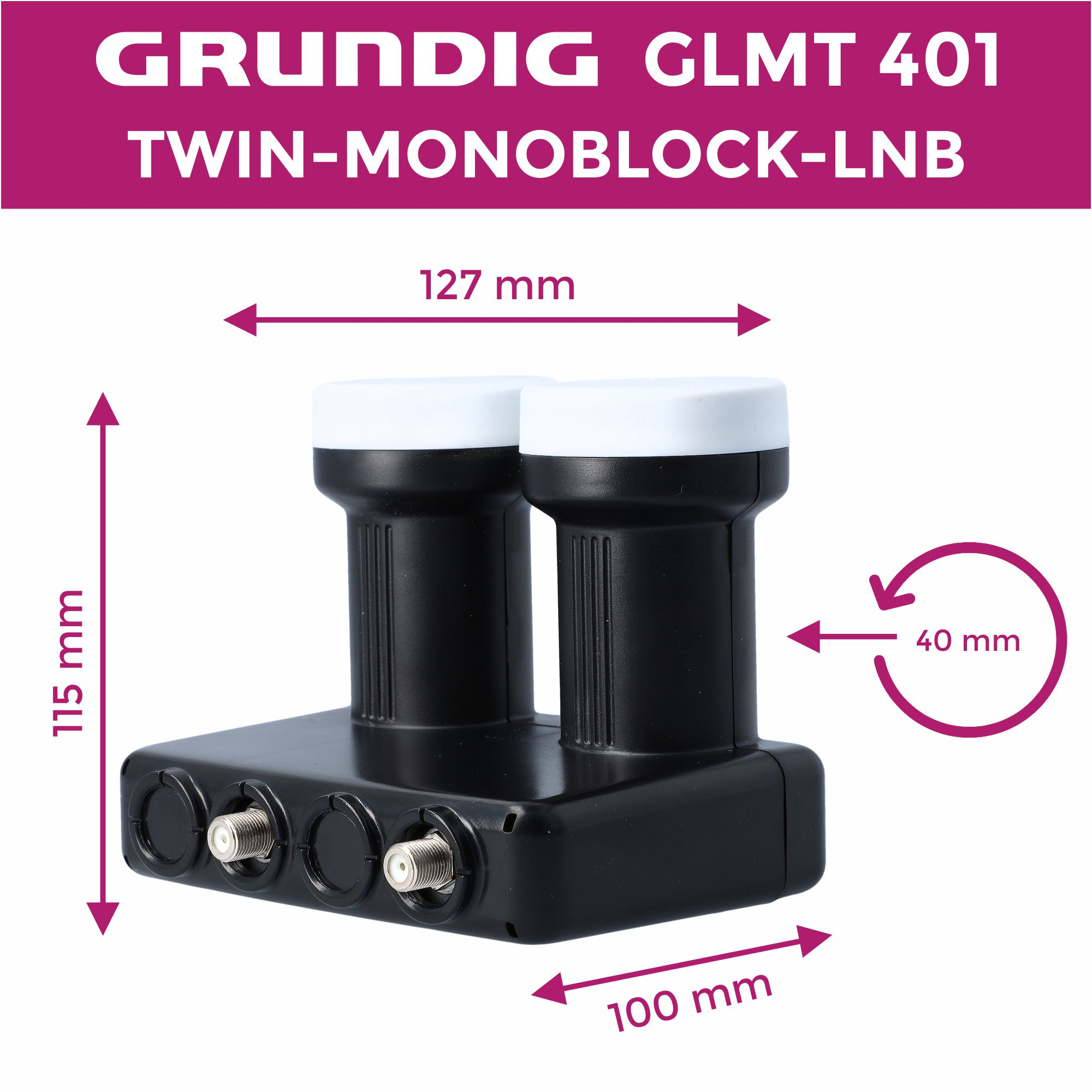 Ein schwarzes Twin-LNB mit Messungen und Pfeilen. Text: Twin-Monoblock-LNB.