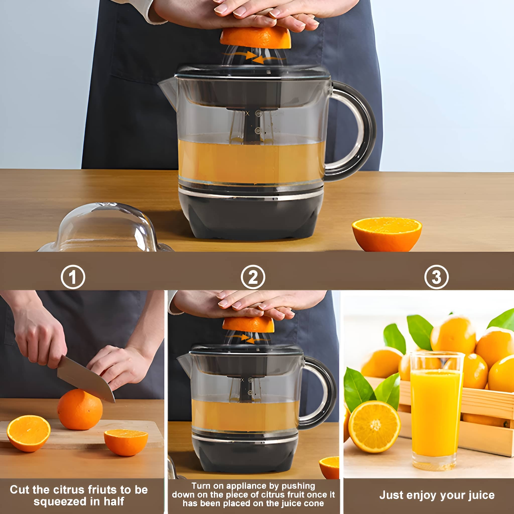 Schritte zum Auspressen einer Orange. Der Vorgang umfasst Schneiden, Entsaften und Genießen des Saftes.