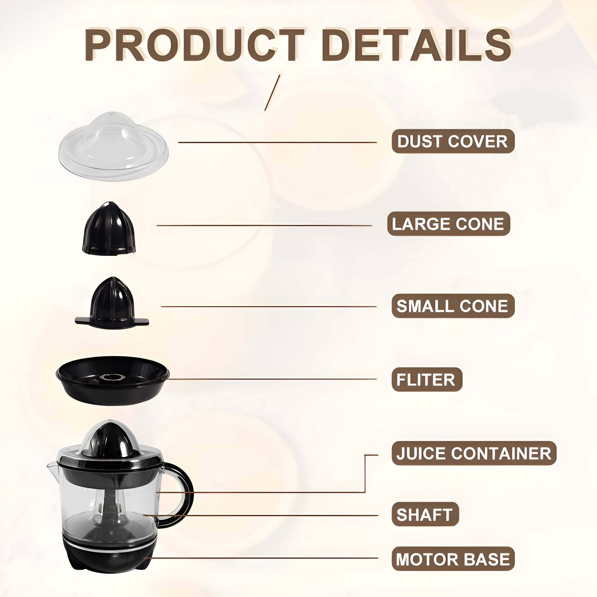 Produktdetails eines Entsafters, die Komponenten wie Staubschutz, Kegel, Filter und Basis zeigen.