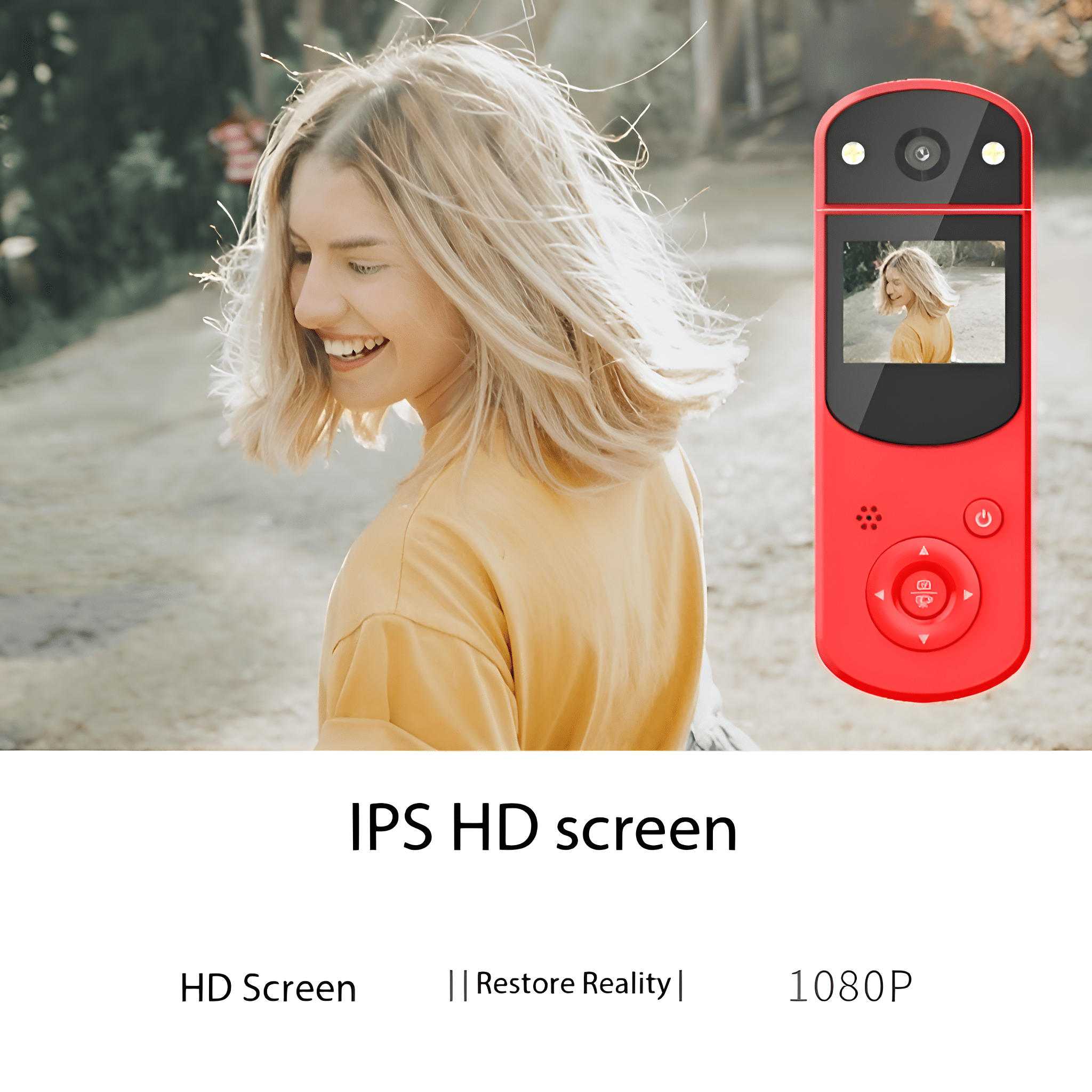 Frau mit roter Kamera, die den Bildschirm zeigt. Verschwommener Hintergrund.