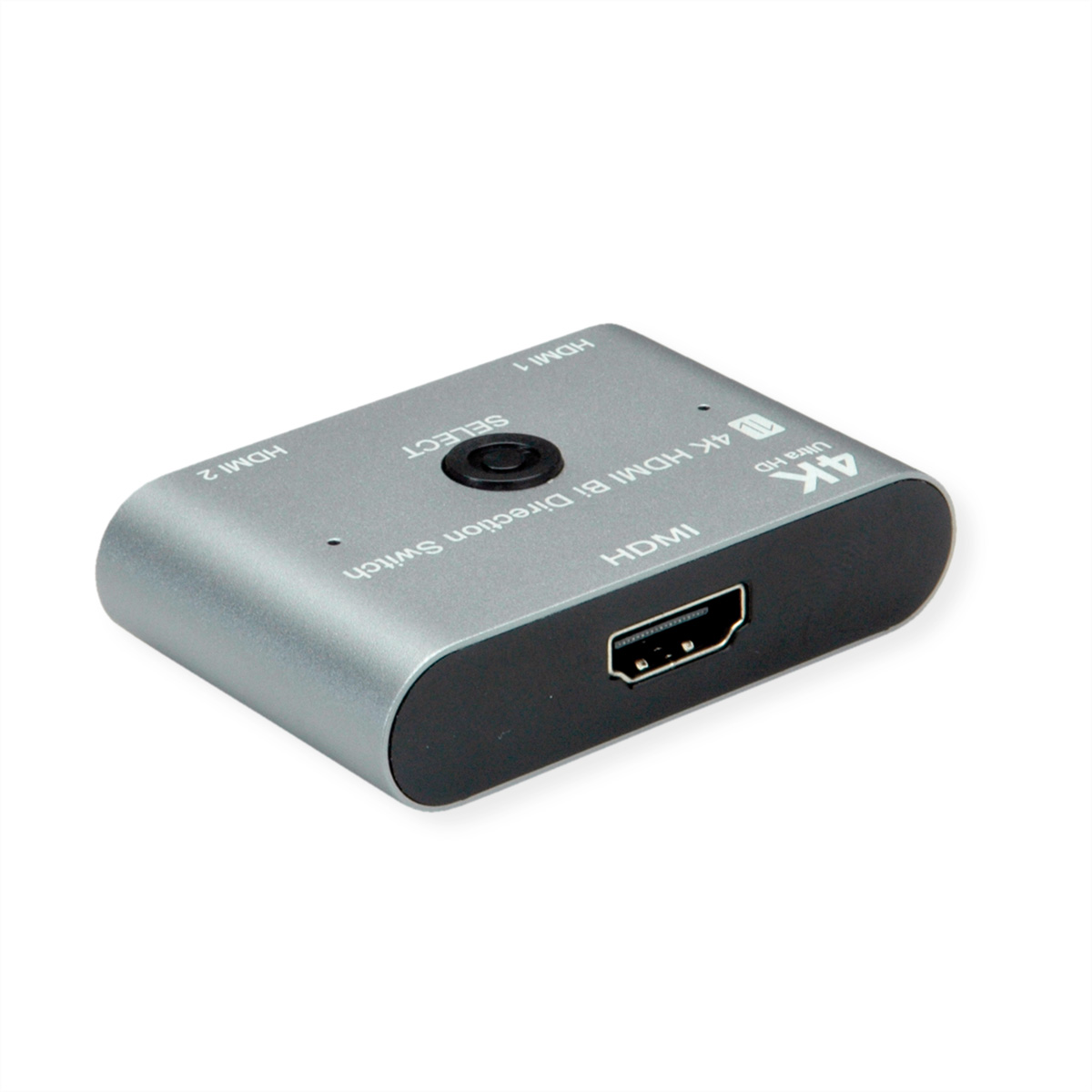 Commutateur HDMI argenté avec ports HDMI et un bouton de sélection.