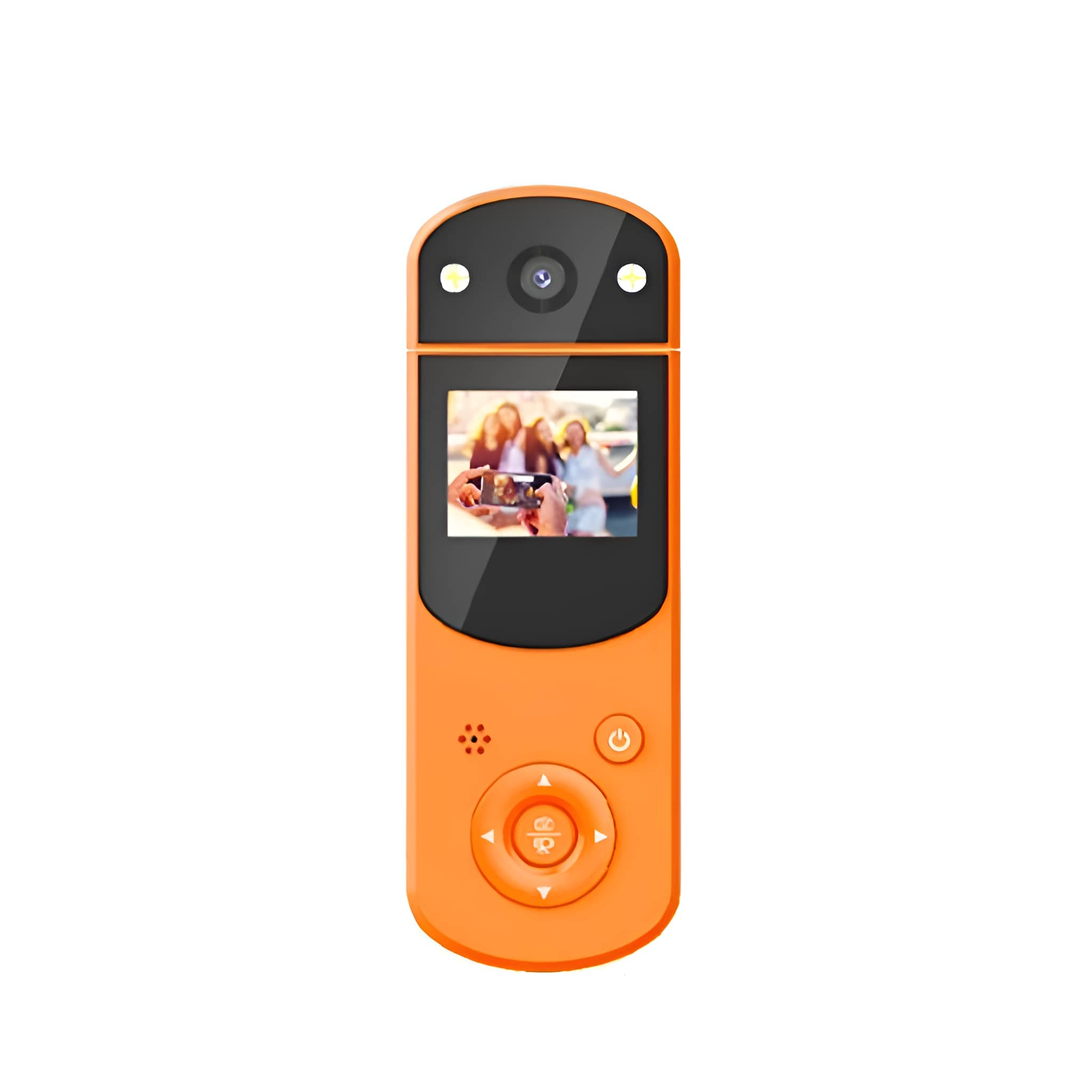 Eine orangefarbene Action-Kamera mit einem Foto auf dem Bildschirm.