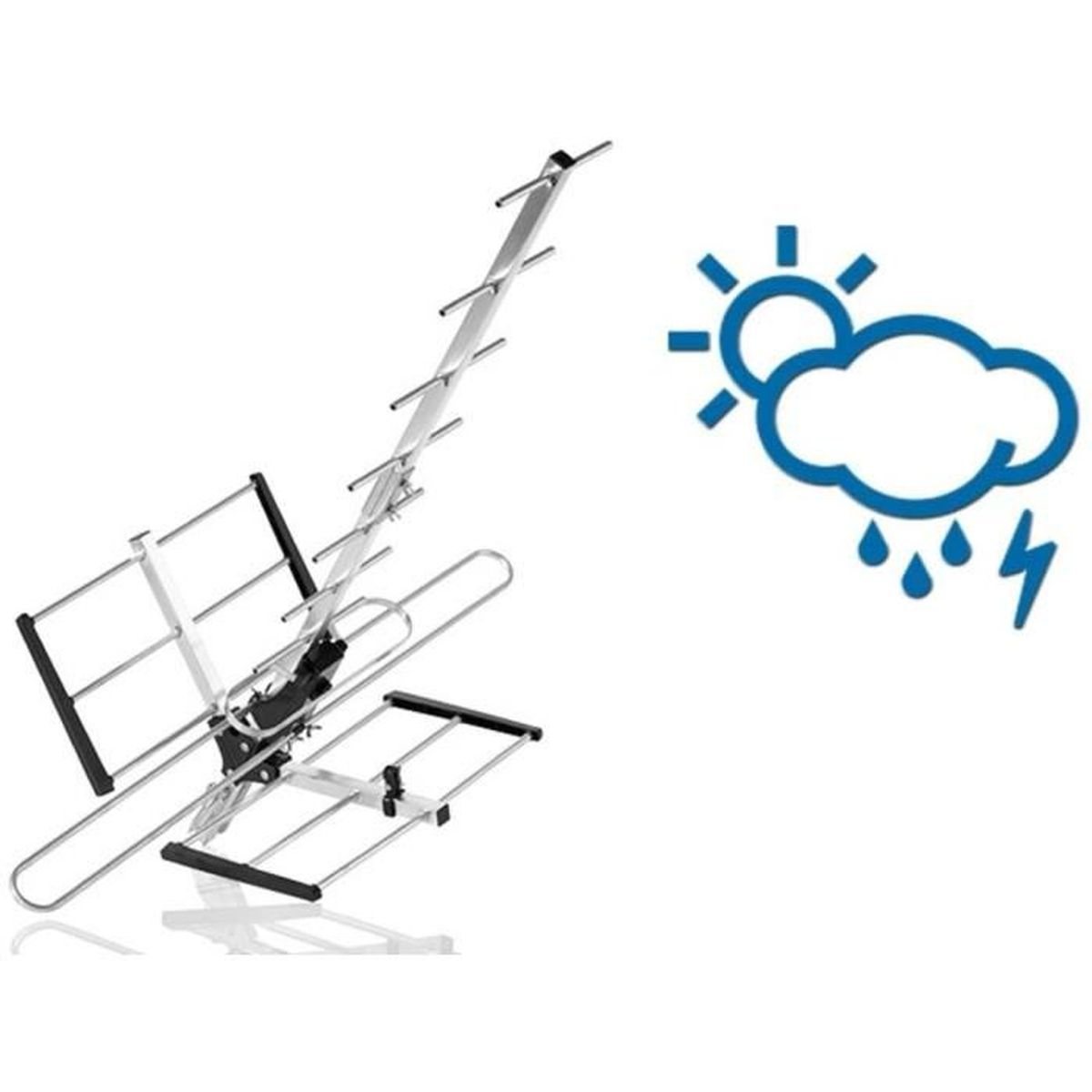 Eine Antenne mit einem Wettersymbol, wahrscheinlich für den Fernsehempfang, vor weißem Hintergrund.