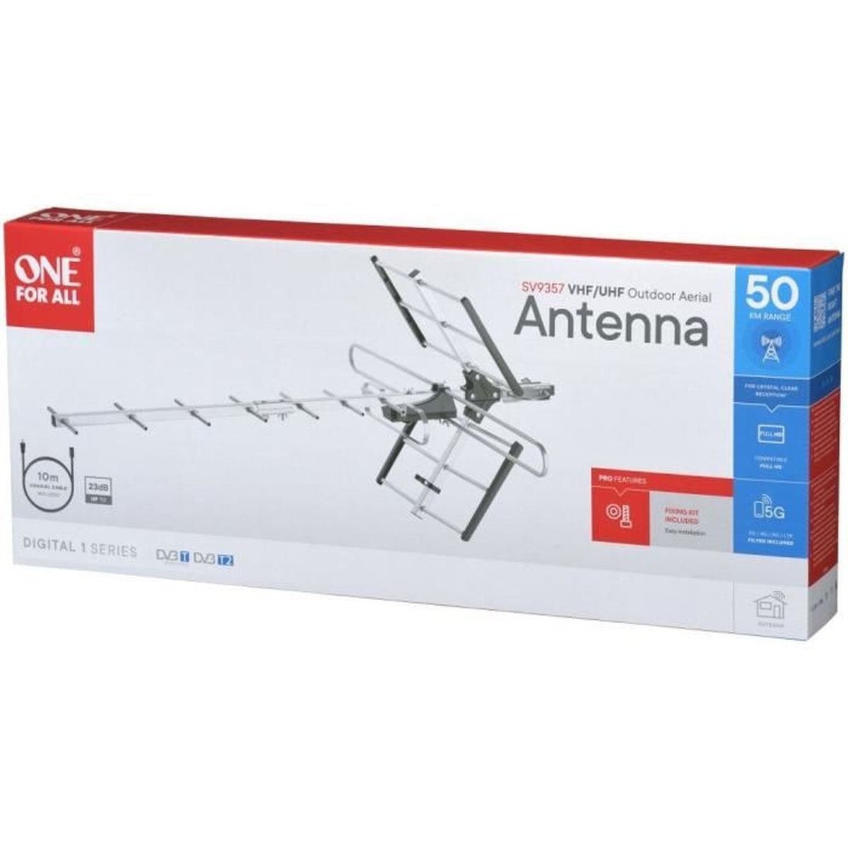 Eine Box mit einer Antennenillustration und Text, die ihre Verwendung für VHF/UHF-Außenempfang, 5G-ready, angibt.