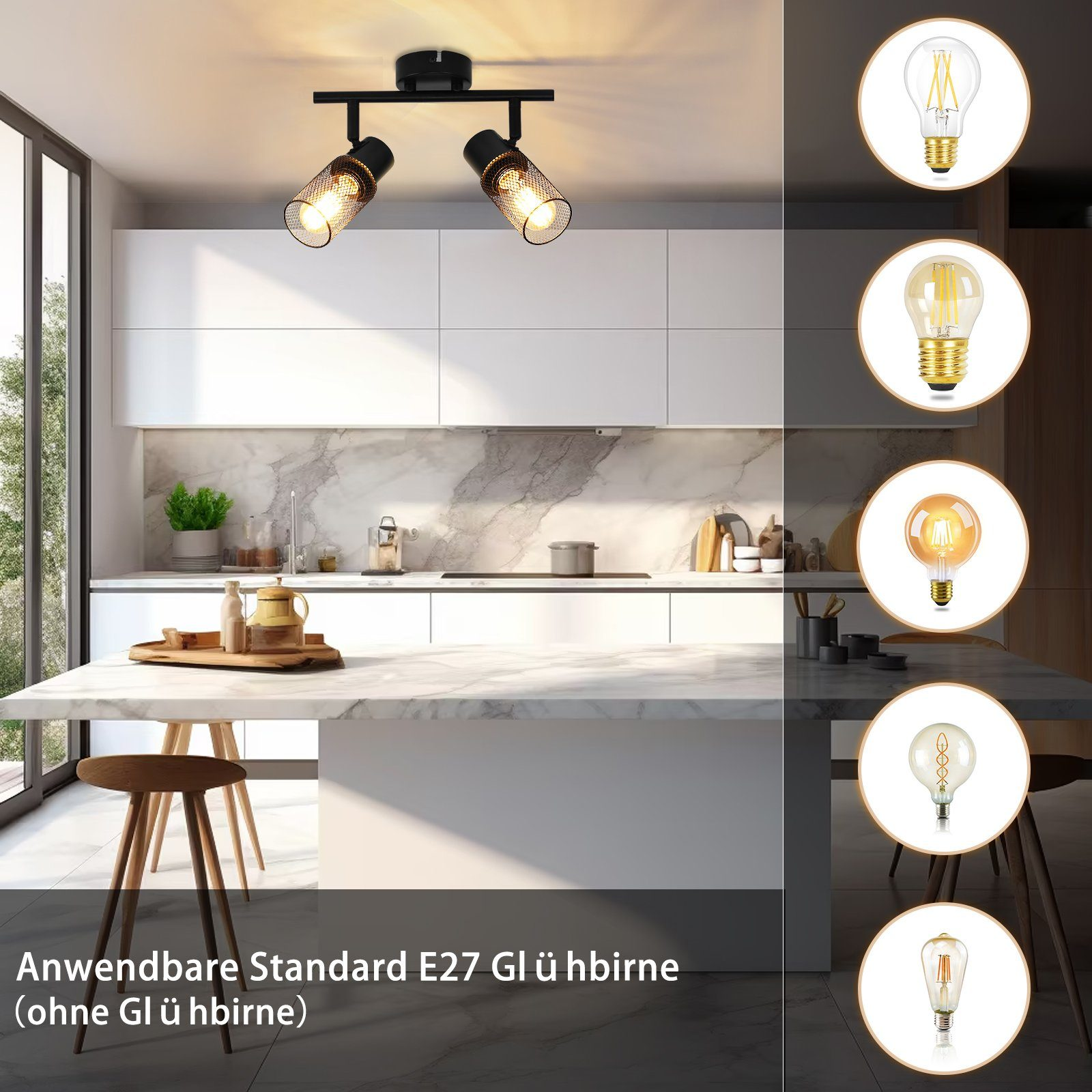 Cucina con due faretti. Vengono mostrate diverse lampadine per il confronto.