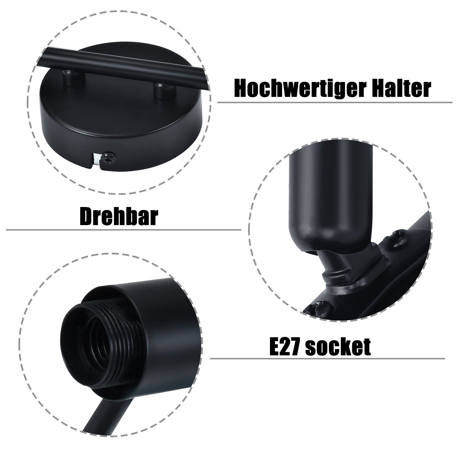 Primo piano di un apparecchio di illuminazione a soffitto nero con parti dettagliate. Include un portalampada E27.