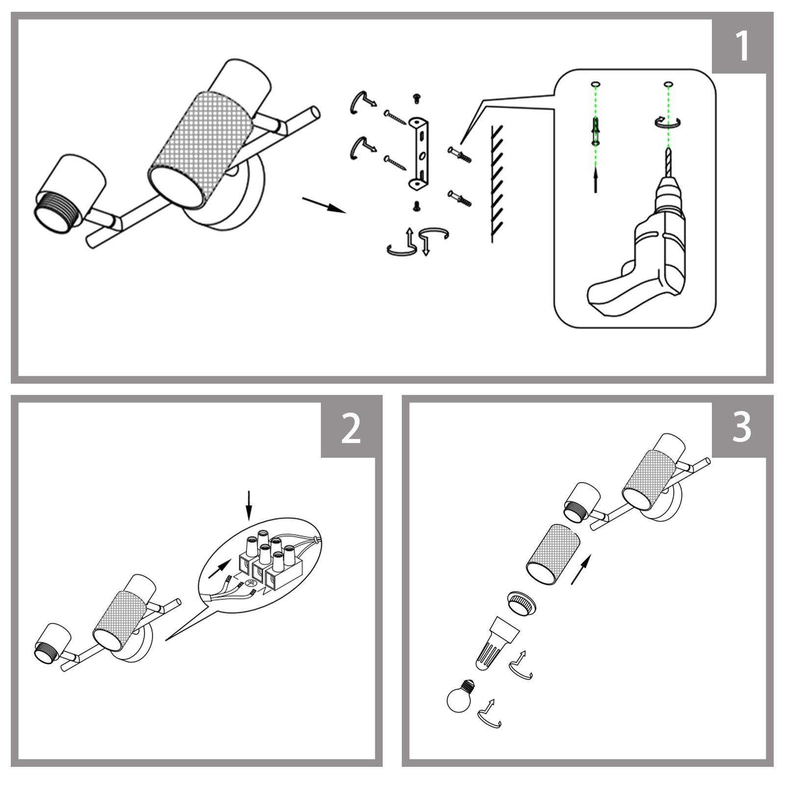 Diagramma che mostra l'assemblaggio di una lampada in tre passaggi.