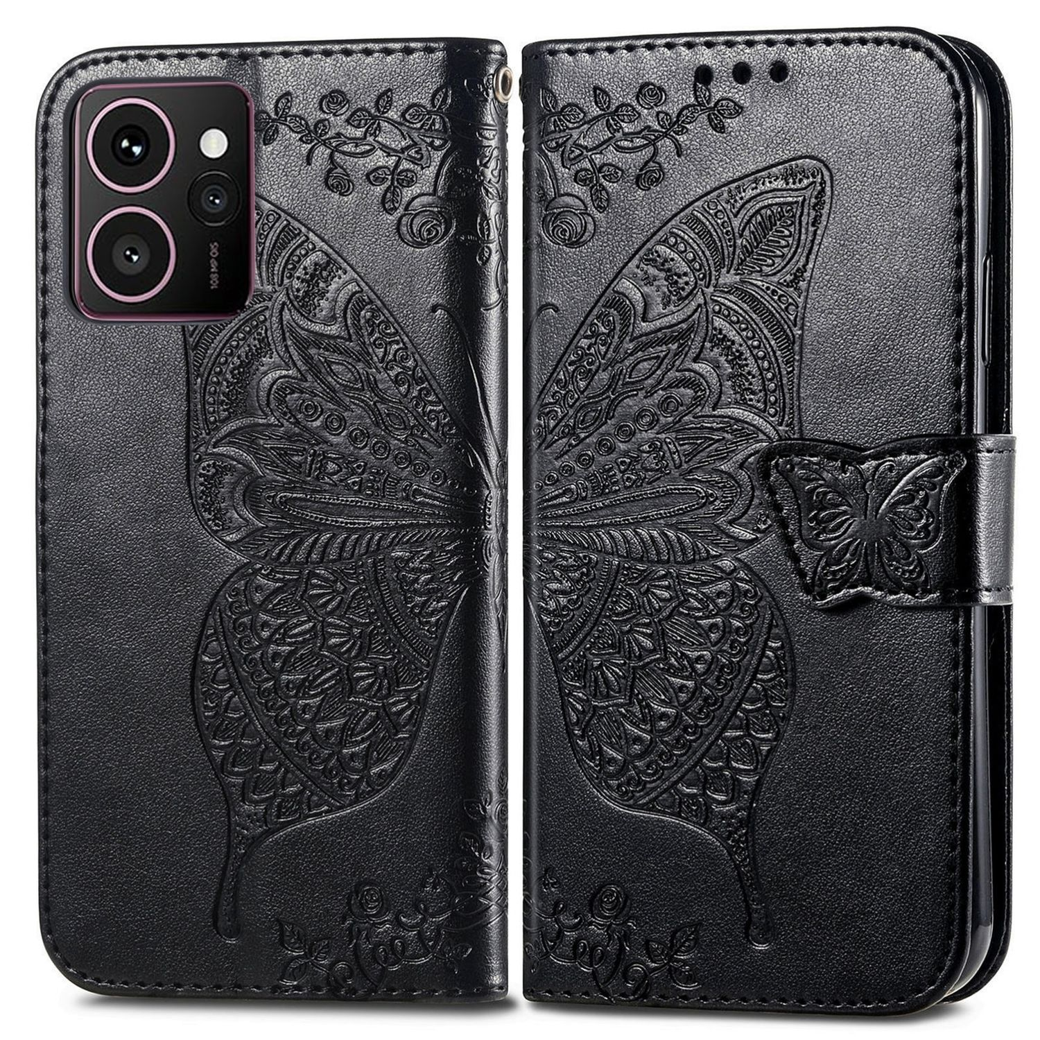 Schwarze Handyhülle mit geprägtem Schmetterlingsdesign, geöffnet, um das Telefon zu zeigen.