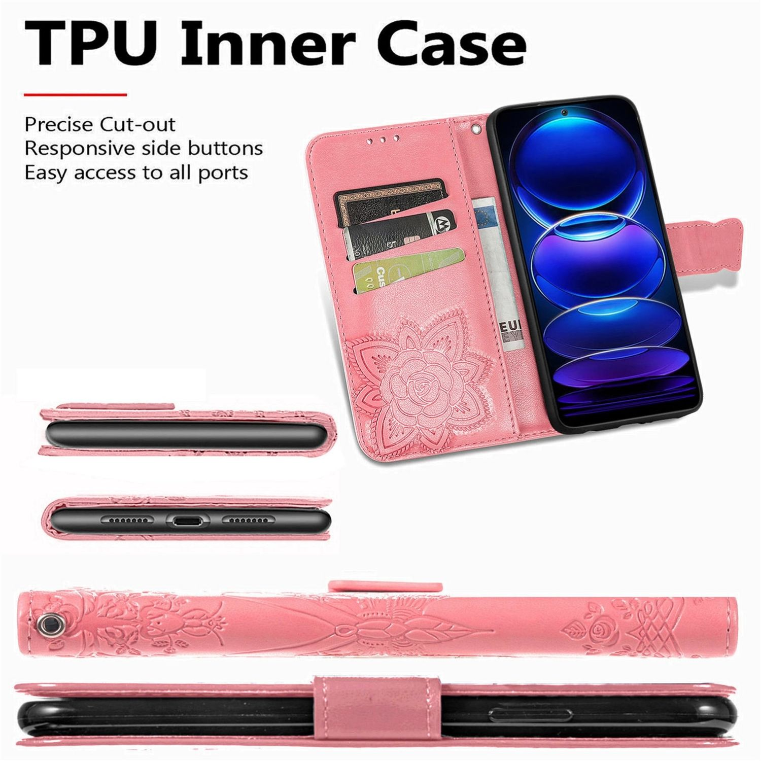 Eine pinke Handyhülle mit floralem Design, die den Bildschirm des Telefons und Kartenfächer zeigt.