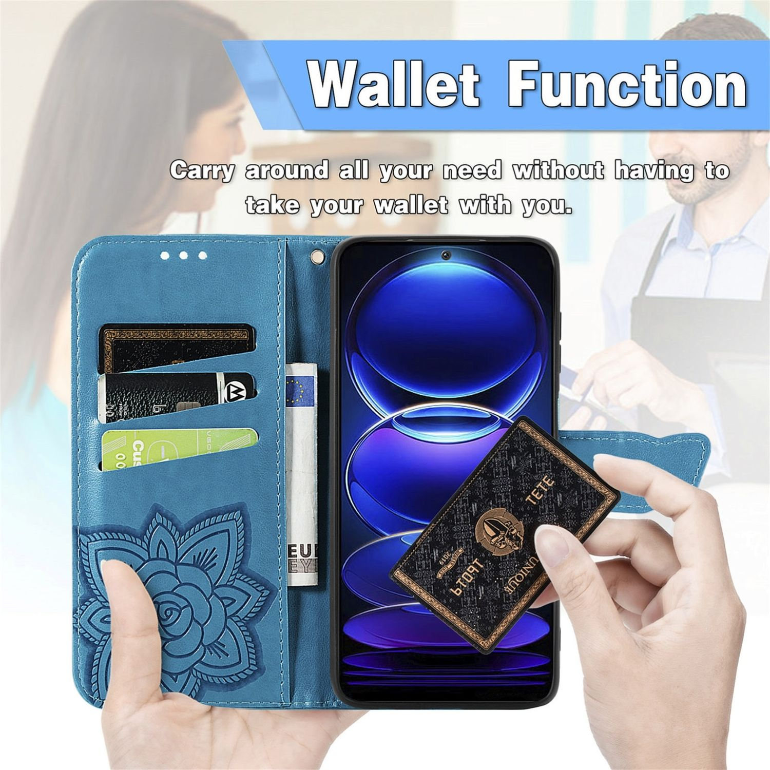 Eine blaue Handyhülle mit Brieffunktion, die Karten, Geld und ein Telefon hält.