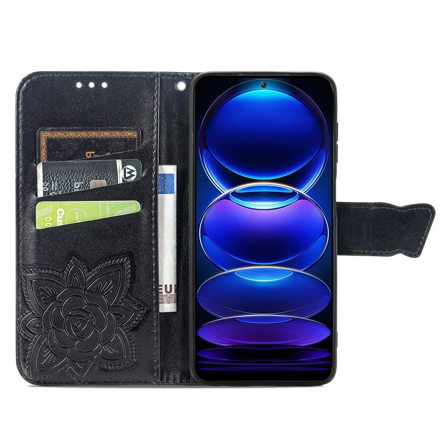 Schwarze Handyhülle mit Blumendesign, hält ein Telefon mit blauem Bildschirm.