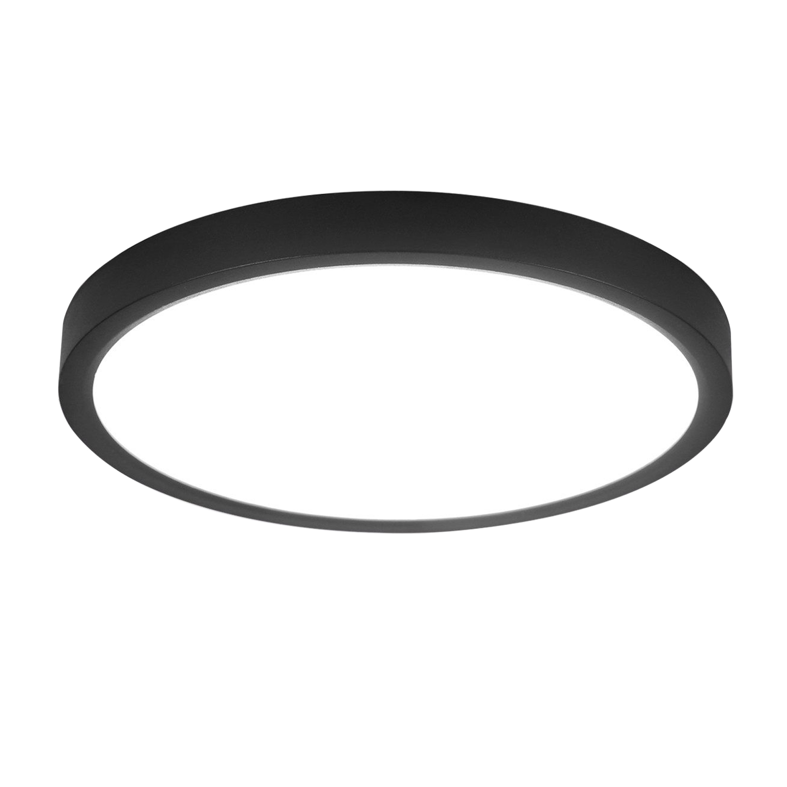 Una plafoniera rotonda nera. Ha un centro bianco illuminato e un bordo nero.