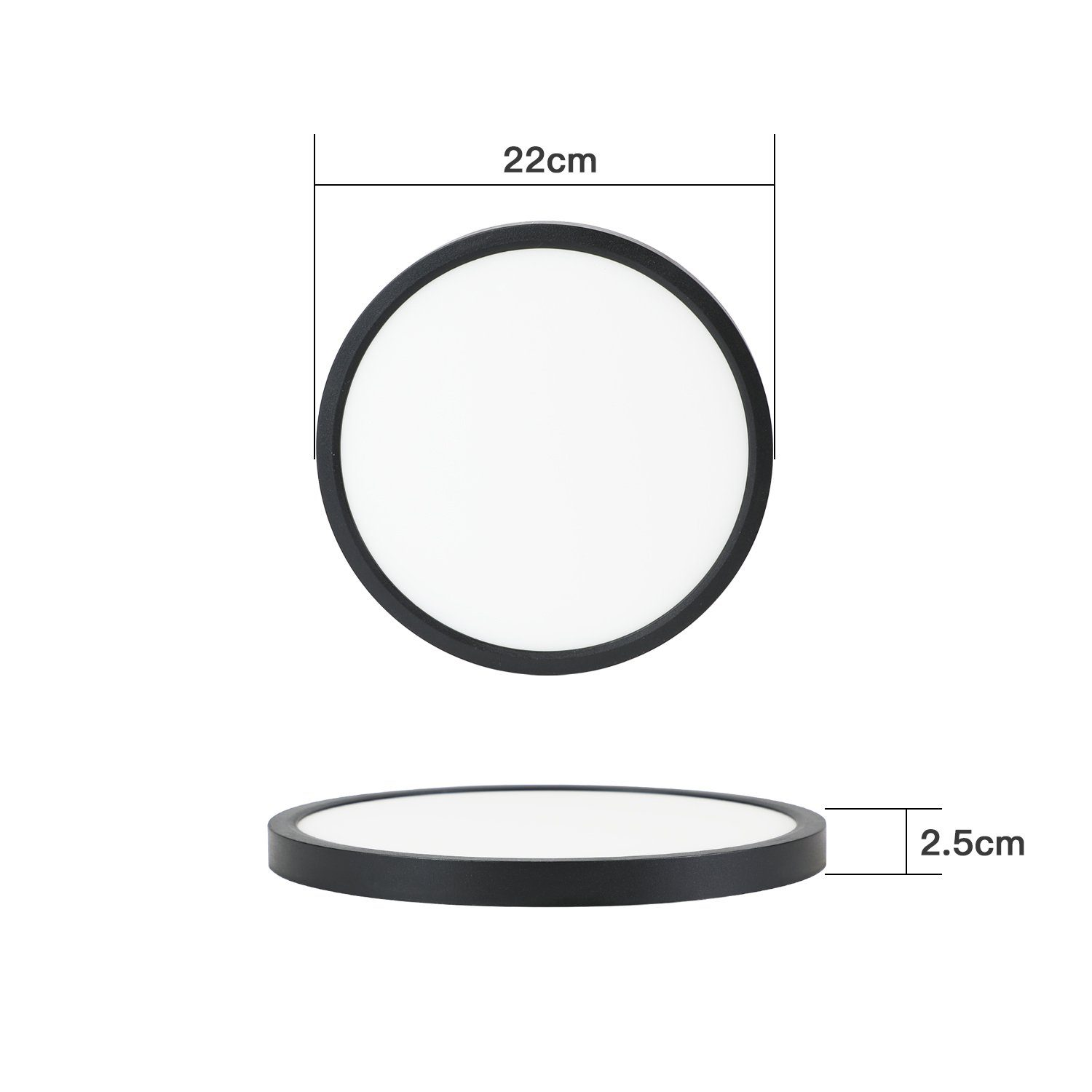 Runde schwarze LED-Panel-Leuchte. Abmessungen: 22 cm Durchmesser, 2,5 cm Dicke. Weiße Licht emittierende Oberfläche.