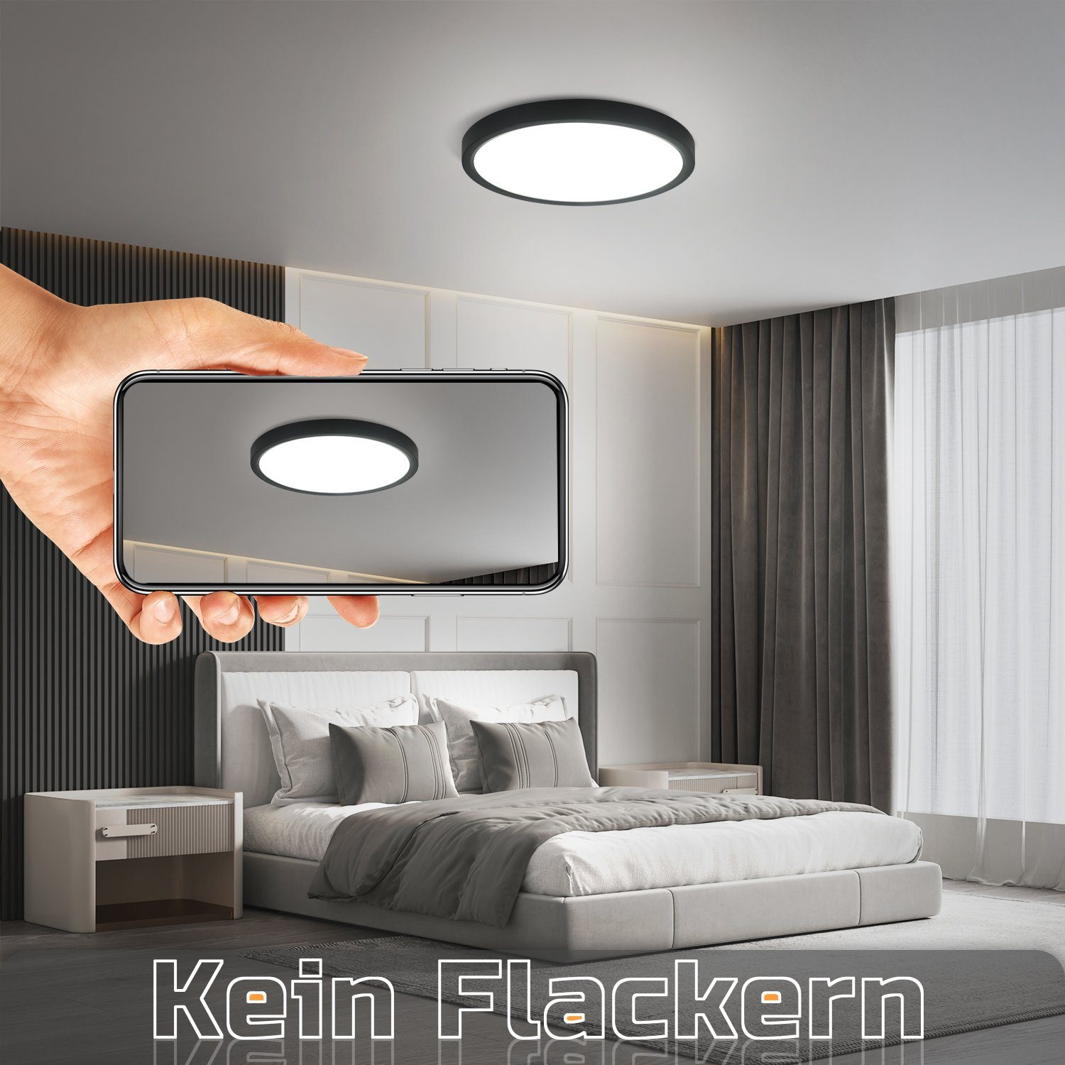 Eine Hand, die ein Telefon mit einer Deckenleuchte hält. Das Zimmer zeigt ein Bett, Vorhänge und Wände.