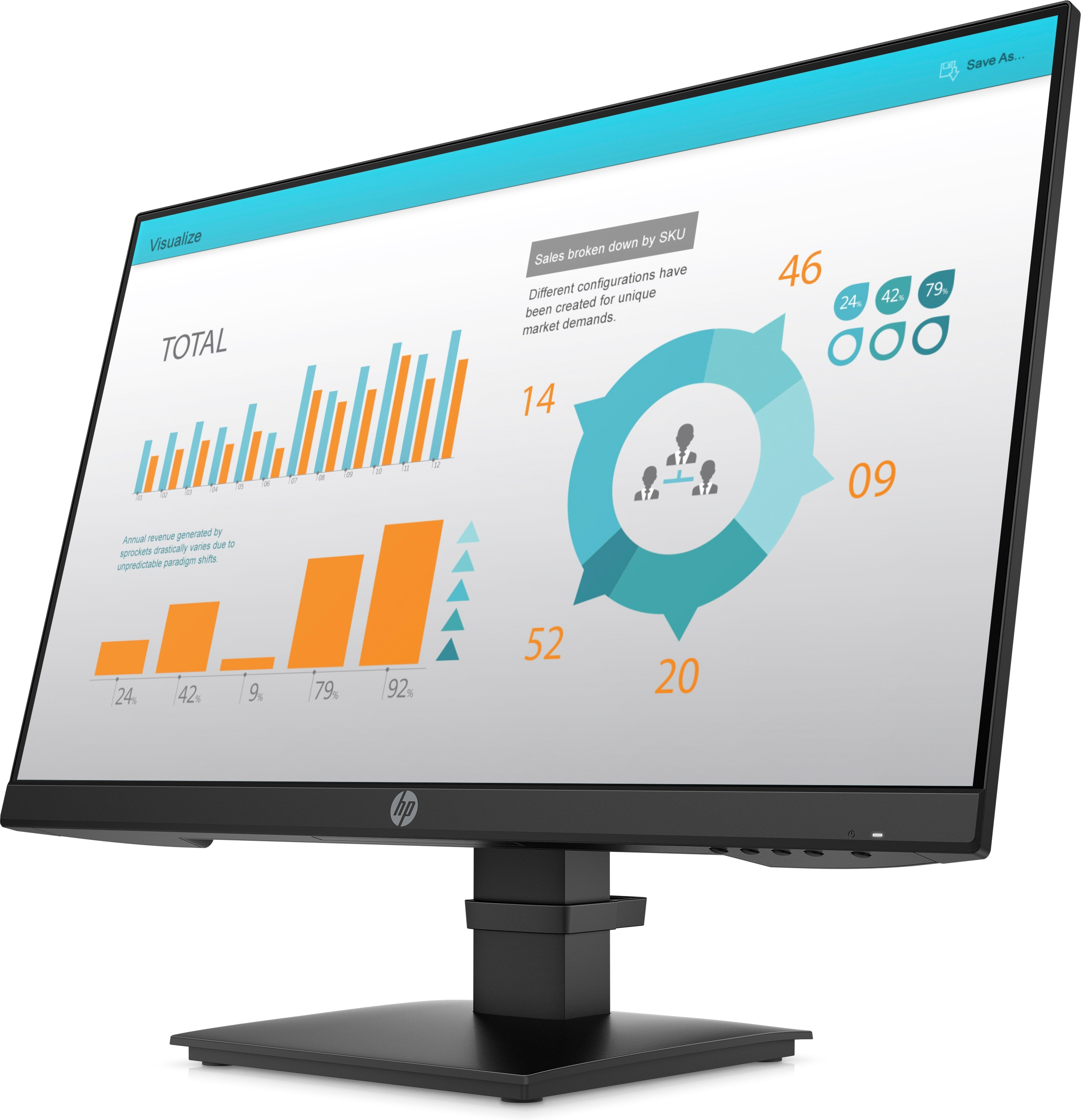 Computer monitor displaying a chart with data. The monitor has a black frame and stand. Blue and orange bars are visible.