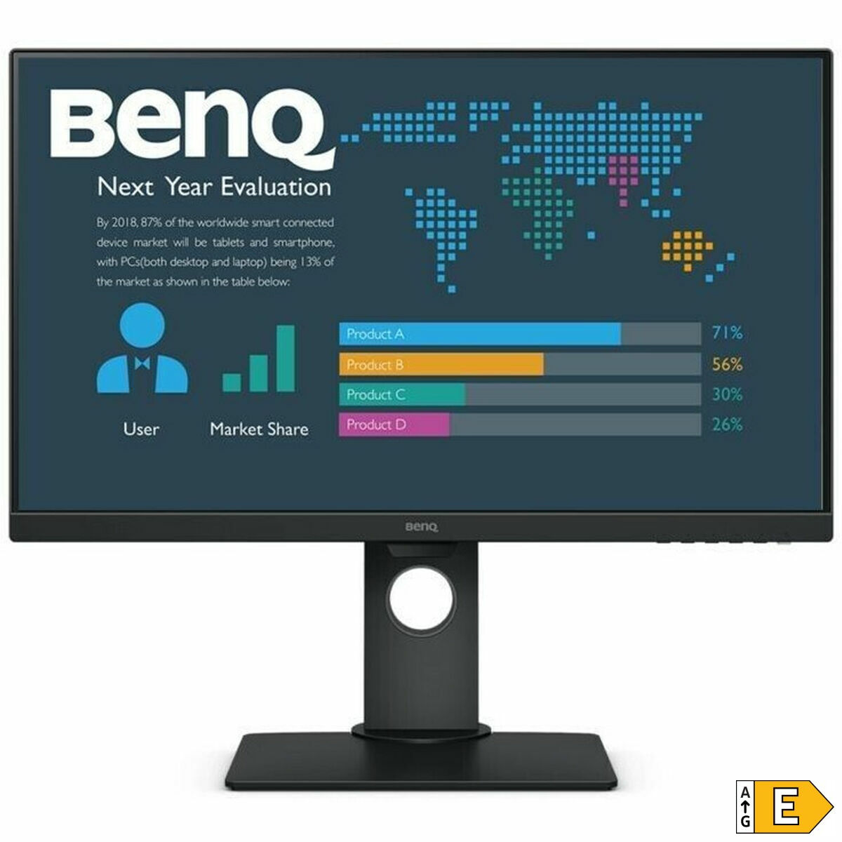 Monitor BenQ wyświetlający wykres z mapą świata i tekstem.