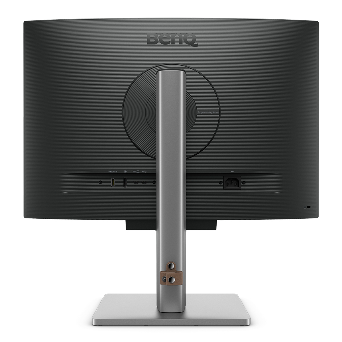 De achterkant van een BenQ-monitor met verschillende poorten en een standaard.