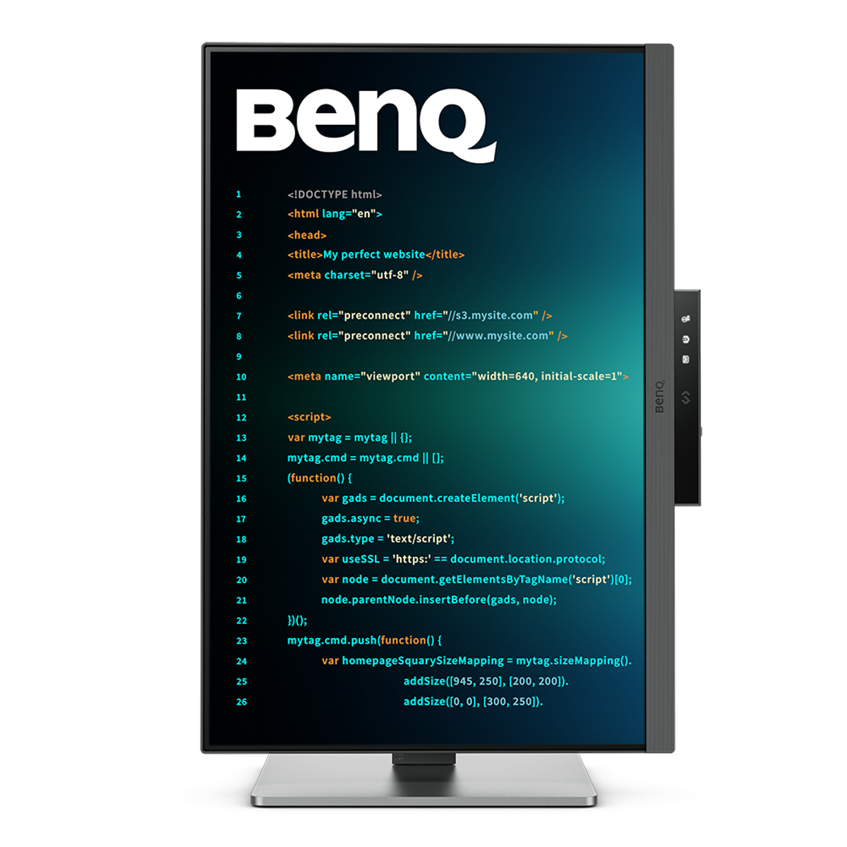 BenQ monitor met code. Zwart frame, op een standaard. Witte achtergrond.
