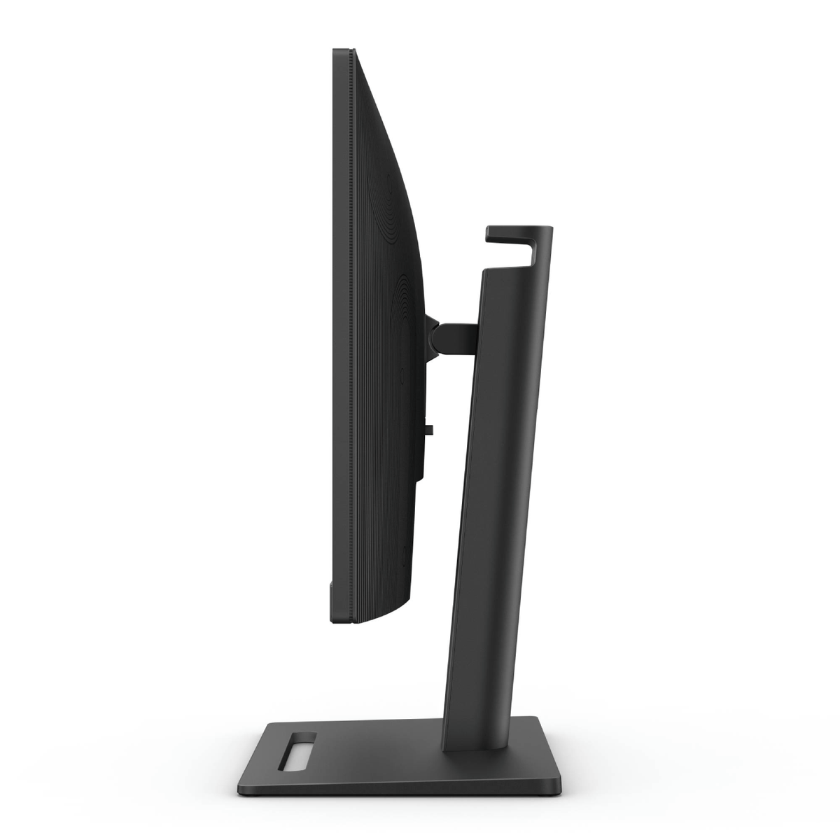 Widok z boku czarnego monitora komputera na stojaku. Białe tło.