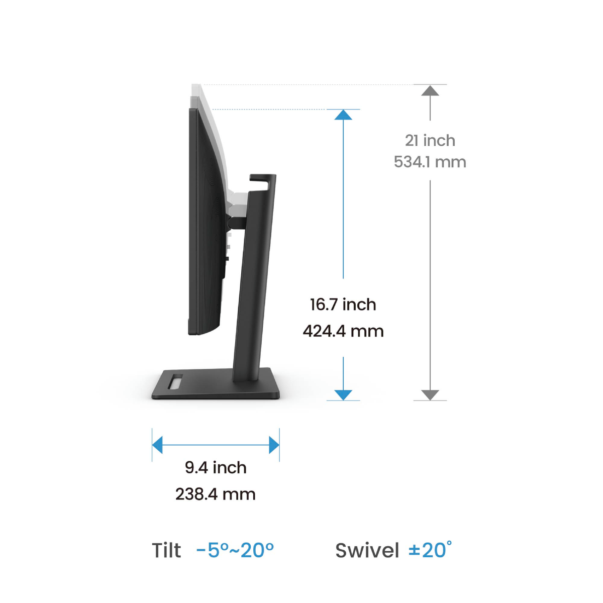 Widok z boku monitora, pokazano wymiary. Wymiary w calach i milimetrach są wskazane.