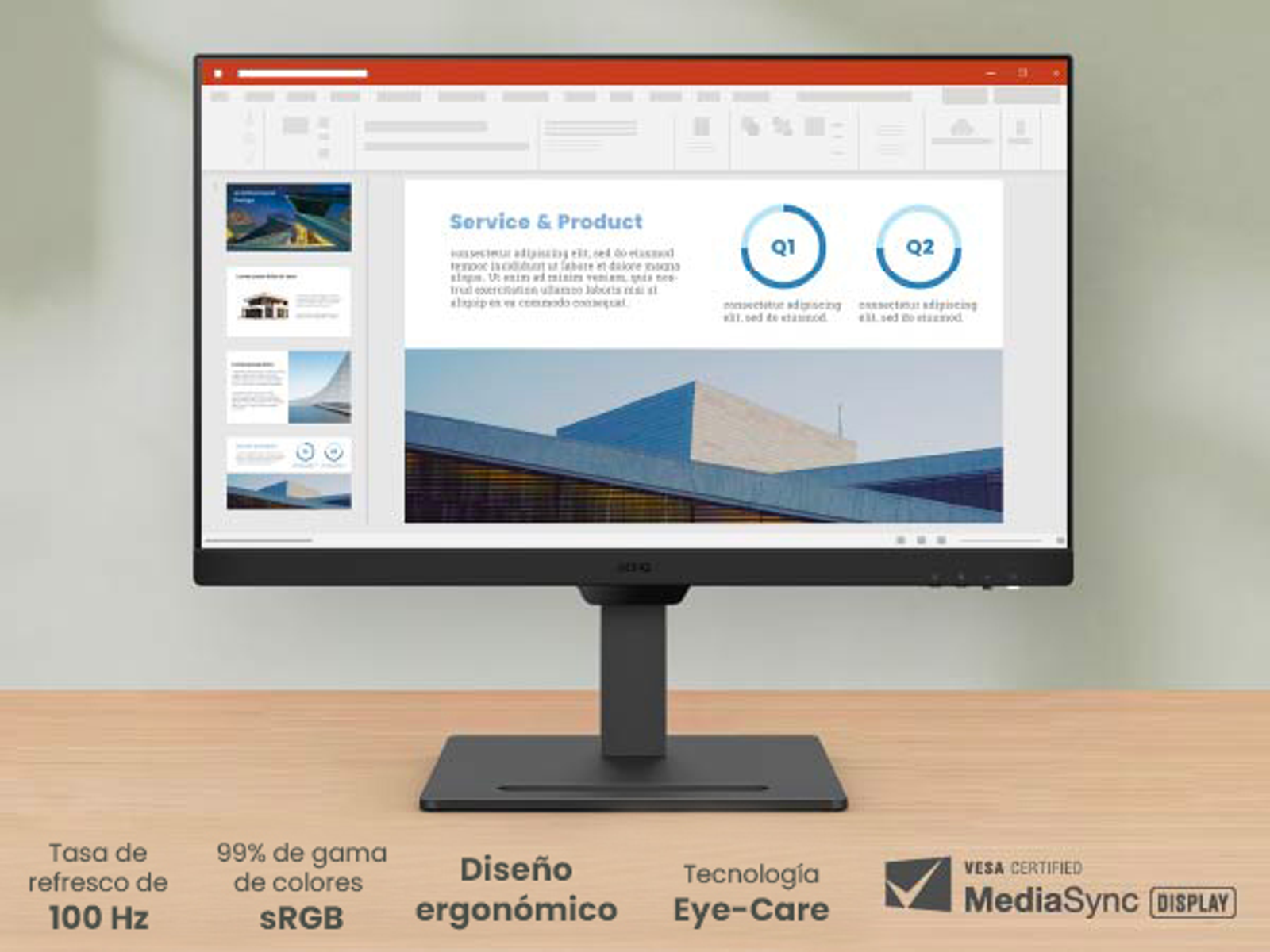 Czarny monitor komputera wyświetlający prezentację z wykresami i tekstem.