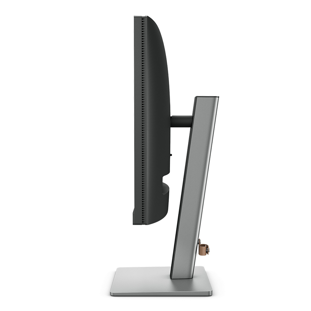 Zijaanzicht van een zwart-grijze computermonitor op een zilveren standaard.