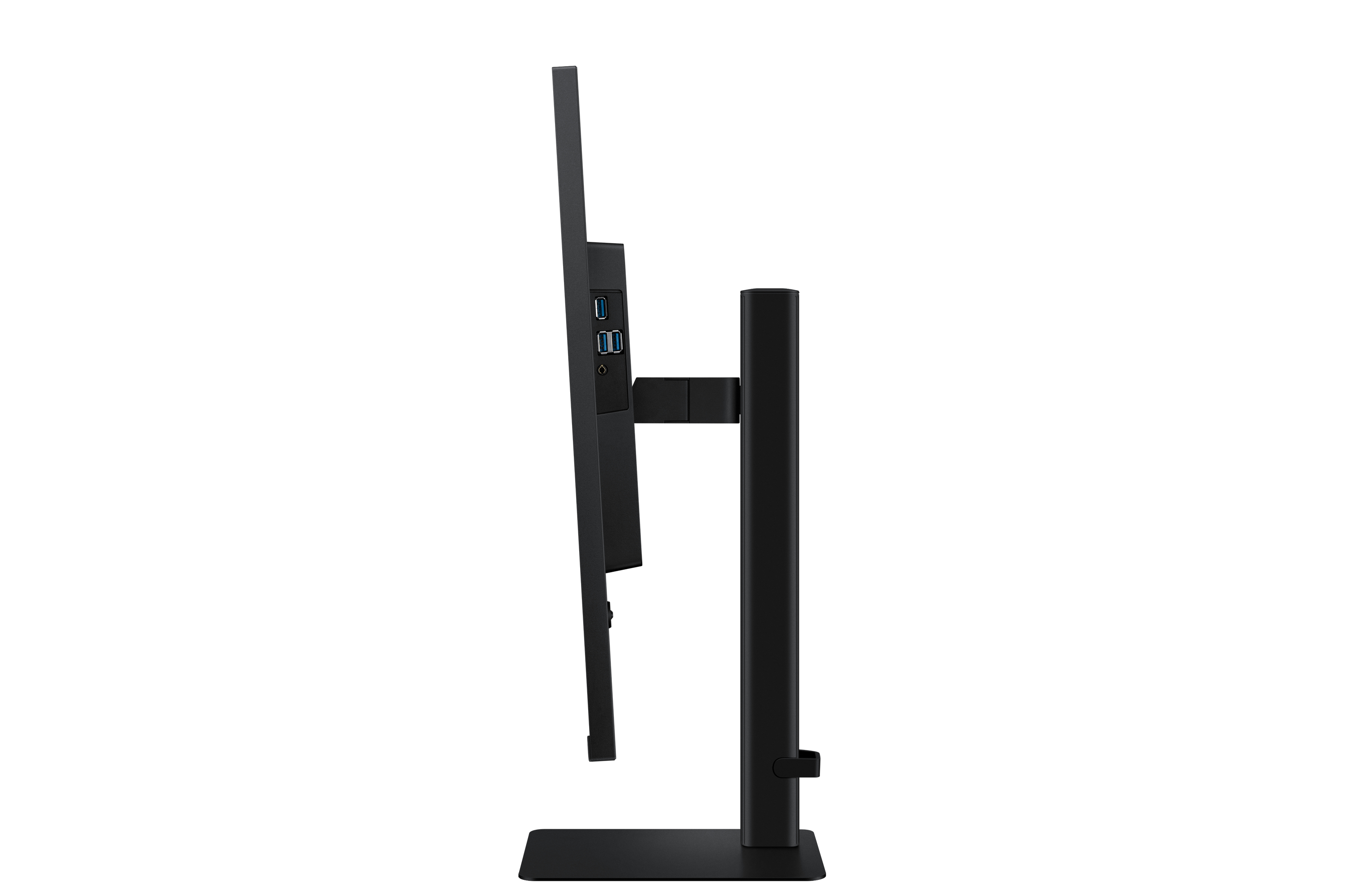 Czarny monitor widok z boku, z portami po lewej stronie i podstawą, białe tło.