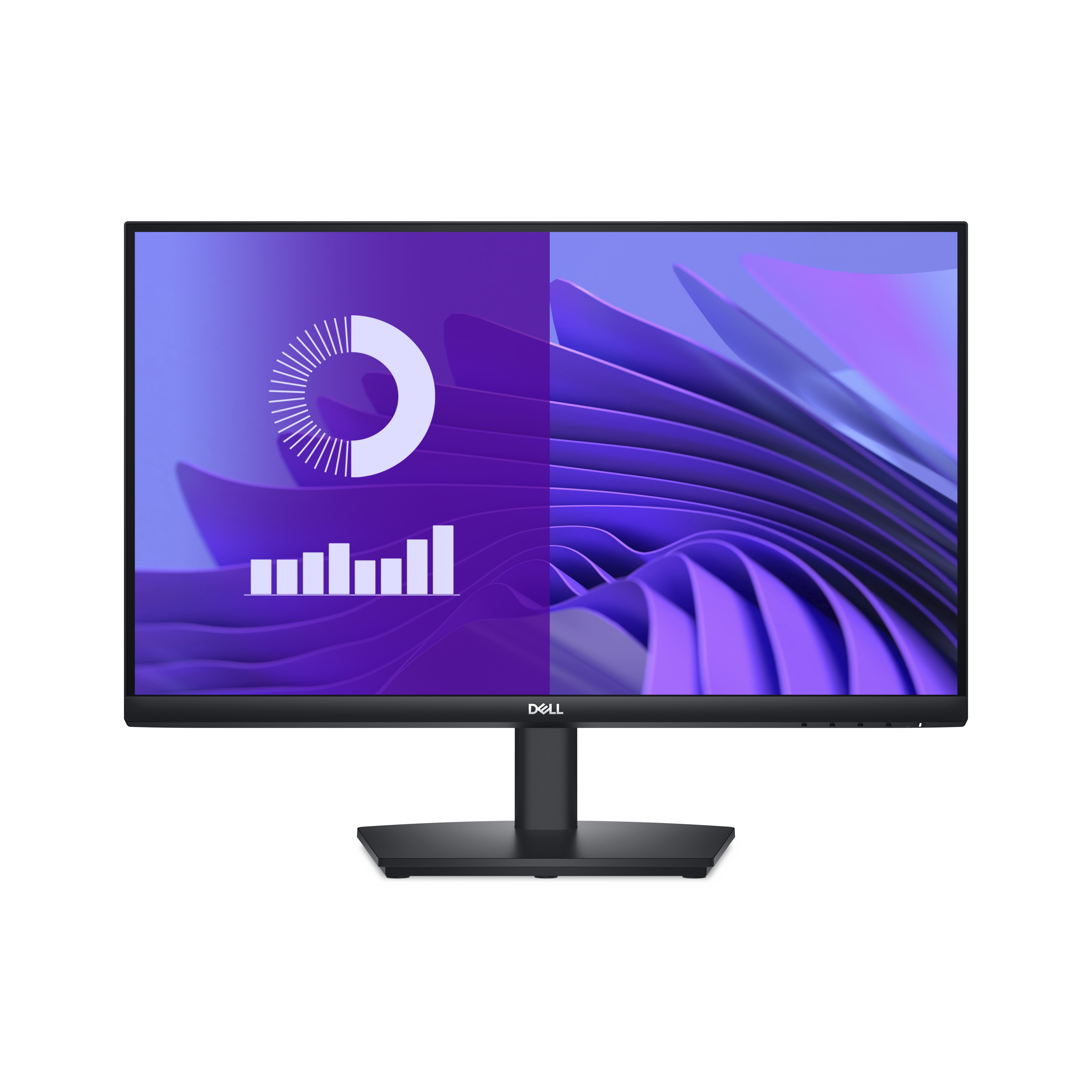 Un monitor Dell que muestra un gráfico y patrones ondulados sobre un soporte negro.