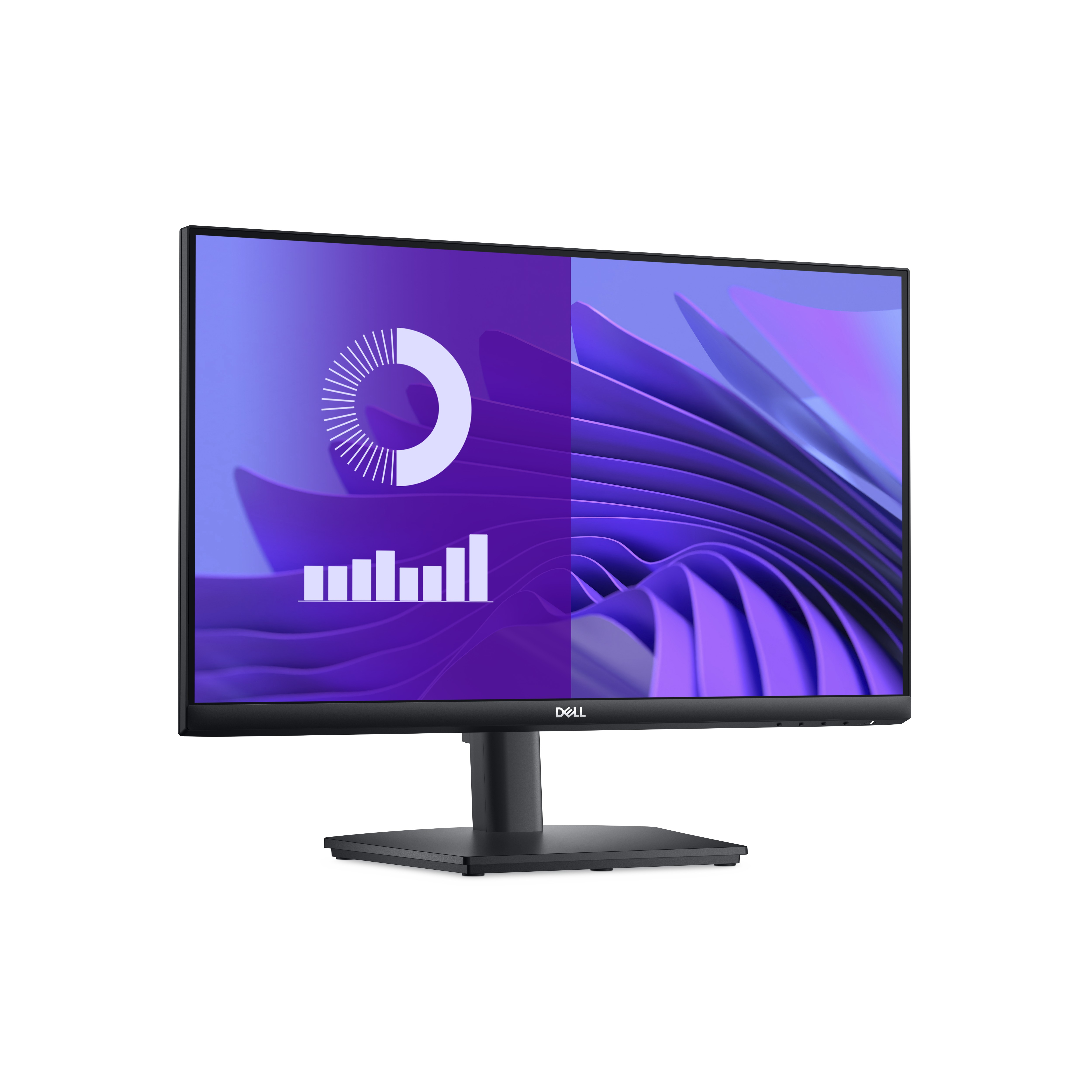 Un monitor de computadora que muestra un gráfico de negocios, con gráficos y un logotipo sobre fondo morado.
