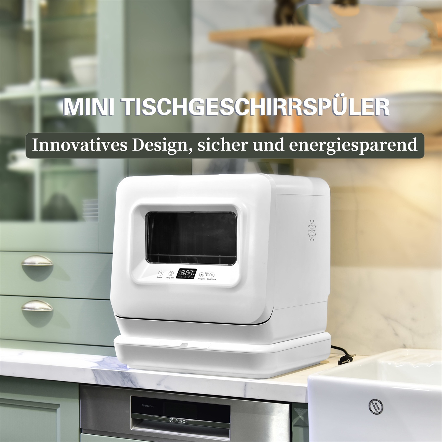 Ein weißer Mini-Geschirrspüler mit Digitalanzeige, platziert in einer Küchenumgebung in der Nähe eines Waschbeckens.