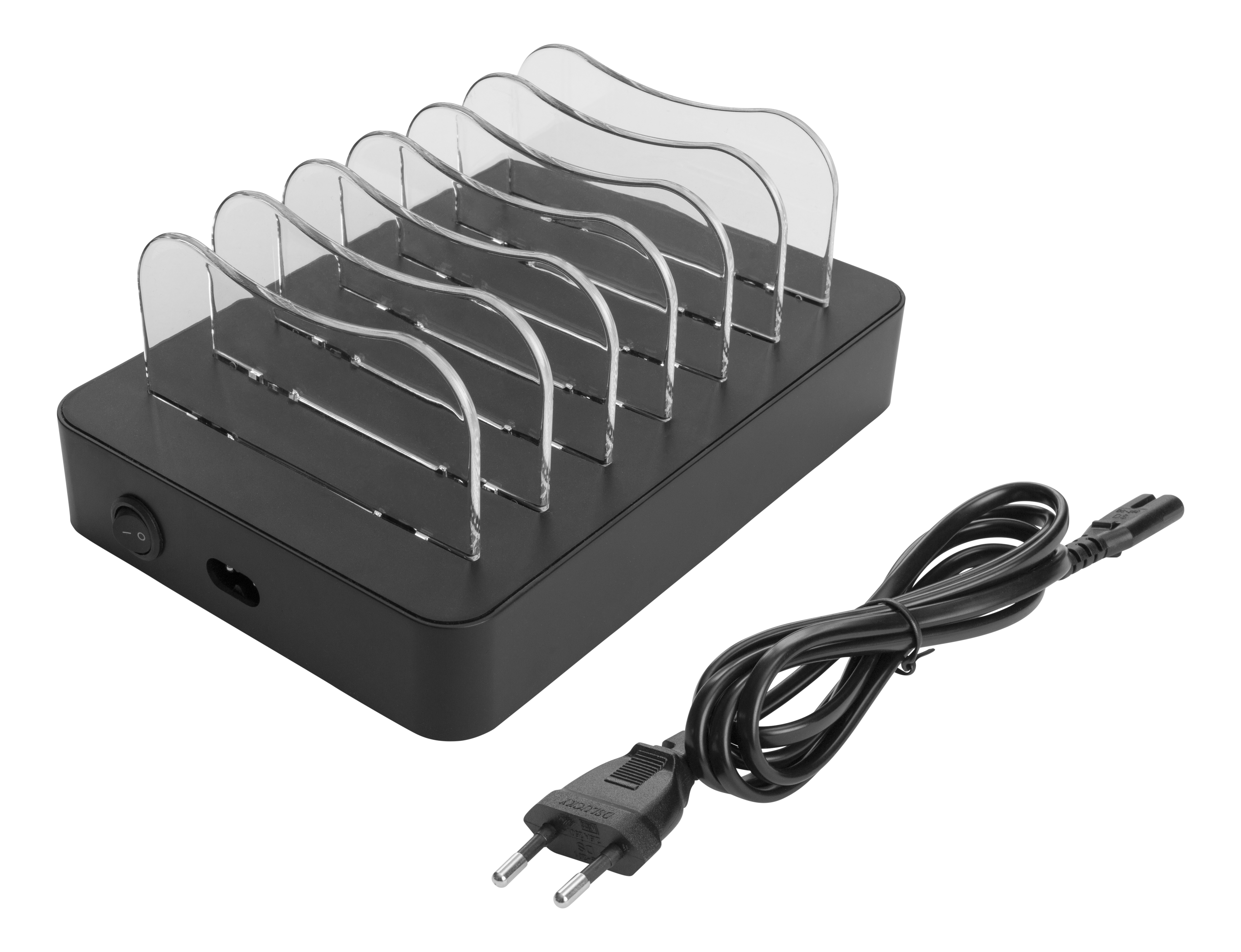 Black charging station with slots for devices, power button, and a power cable with a plug.