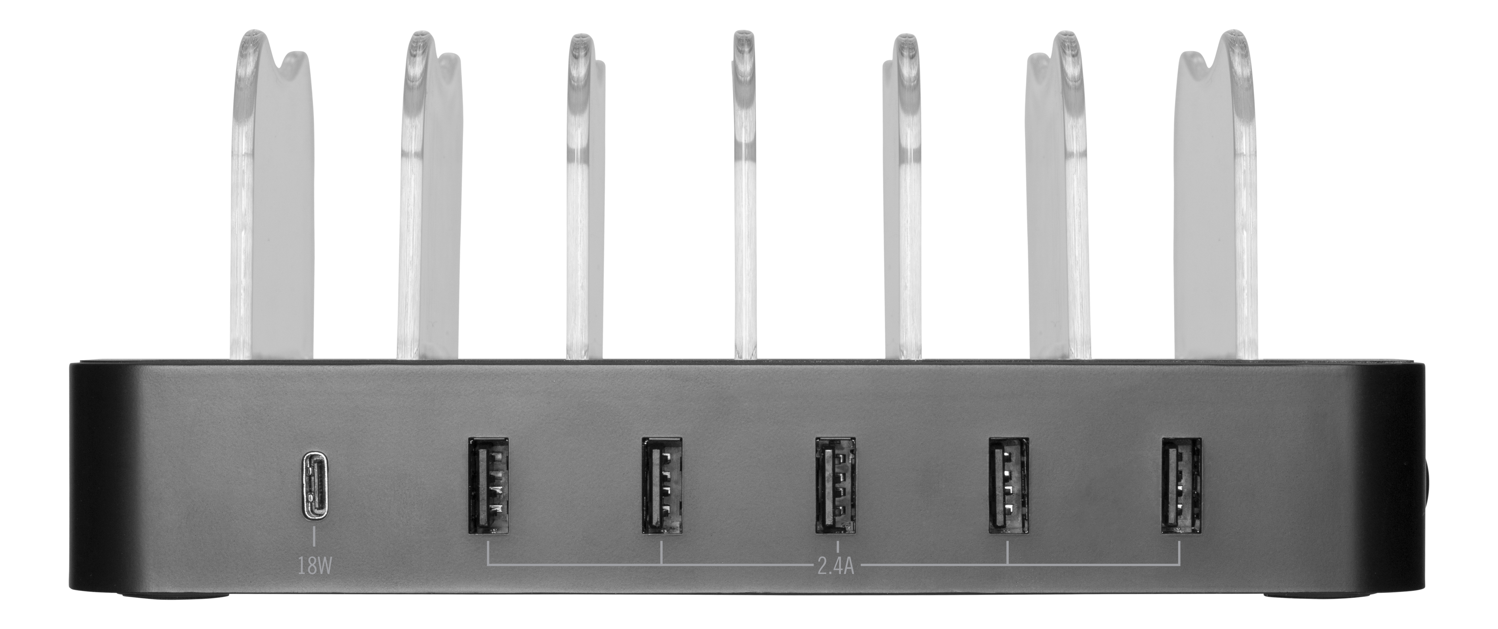 A black charging station with multiple USB ports and clear dividers.