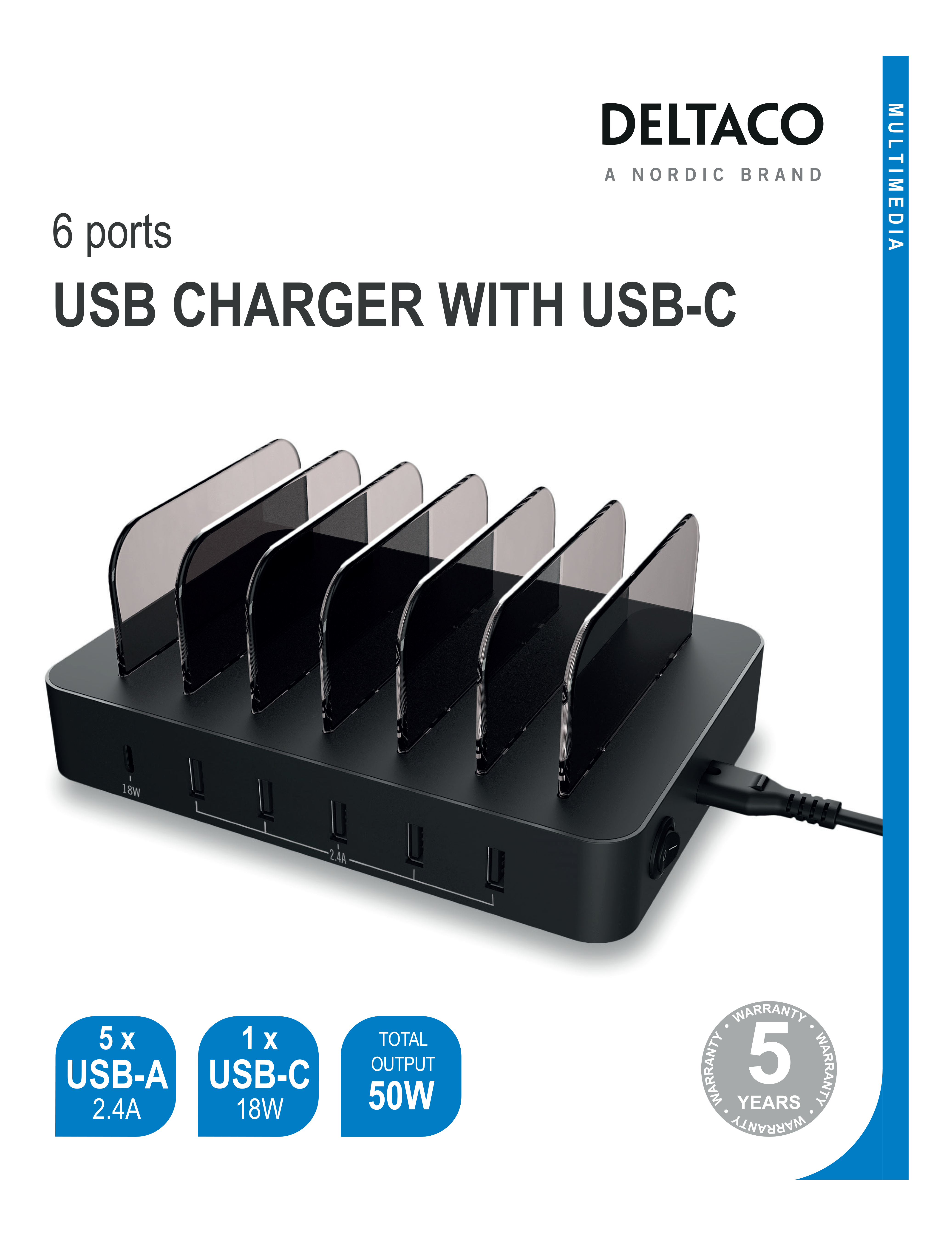 A black USB charger with six ports and USB-C. It is isolated on a white background.