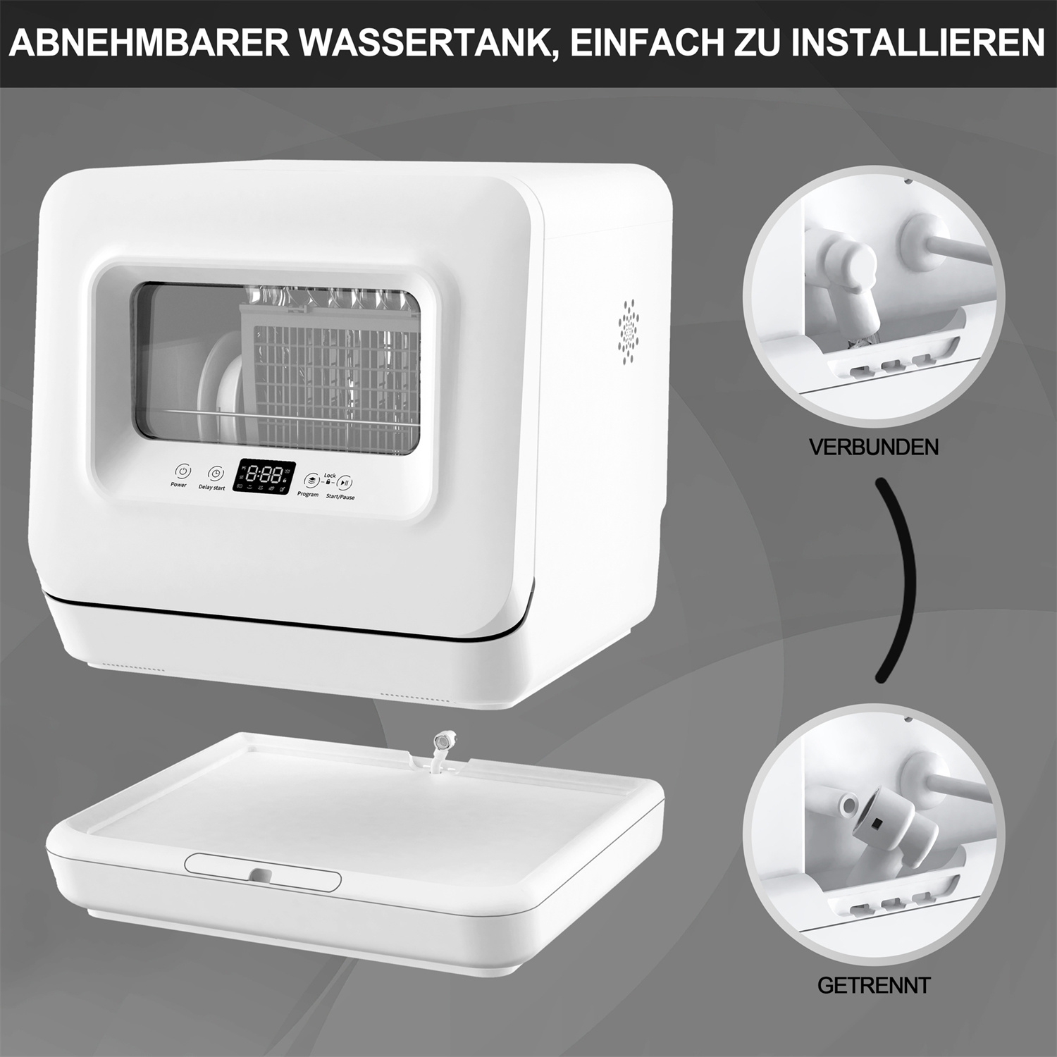 Ein weißer Geschirrspüler mit separatem Teil, der Innen und Außen zeigt.