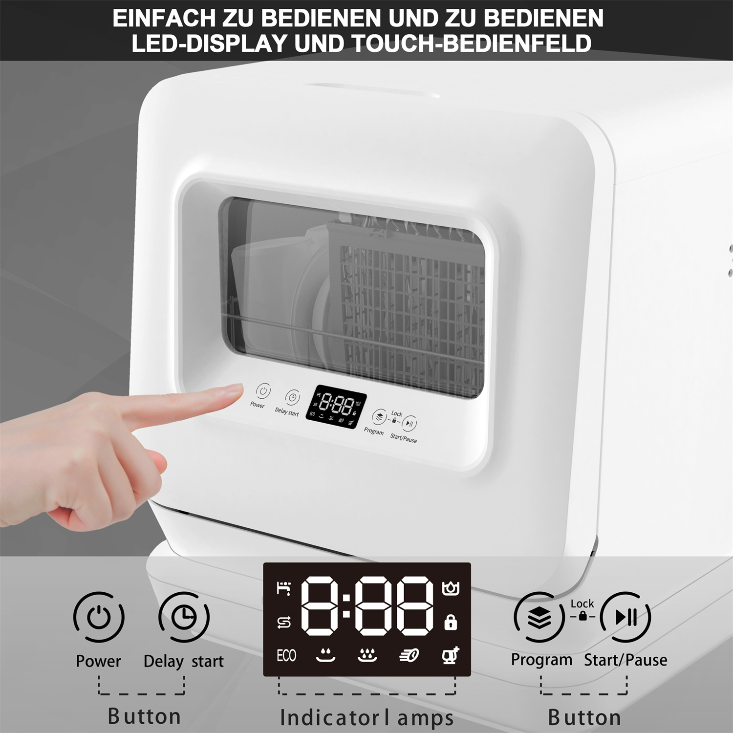 Weißer Geschirrspüler, bei dem eine Hand mit dem Bedienfeld interagiert. Das Bedienfeld zeigt eine Digitalanzeige.