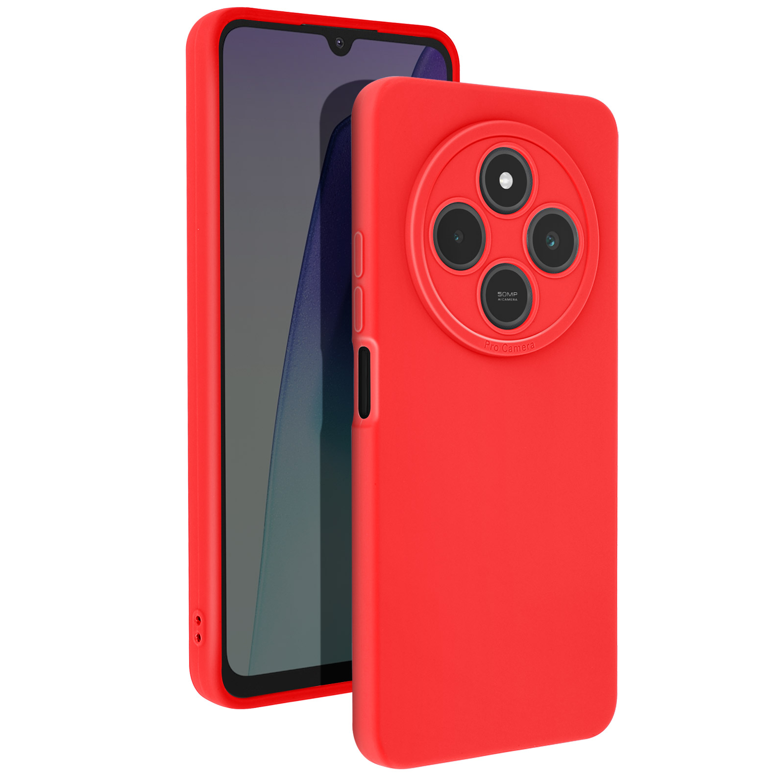 Un telefono rosso con una custodia. La custodia copre la parte posteriore e i lati del telefono, con obiettivi della fotocamera visibili.