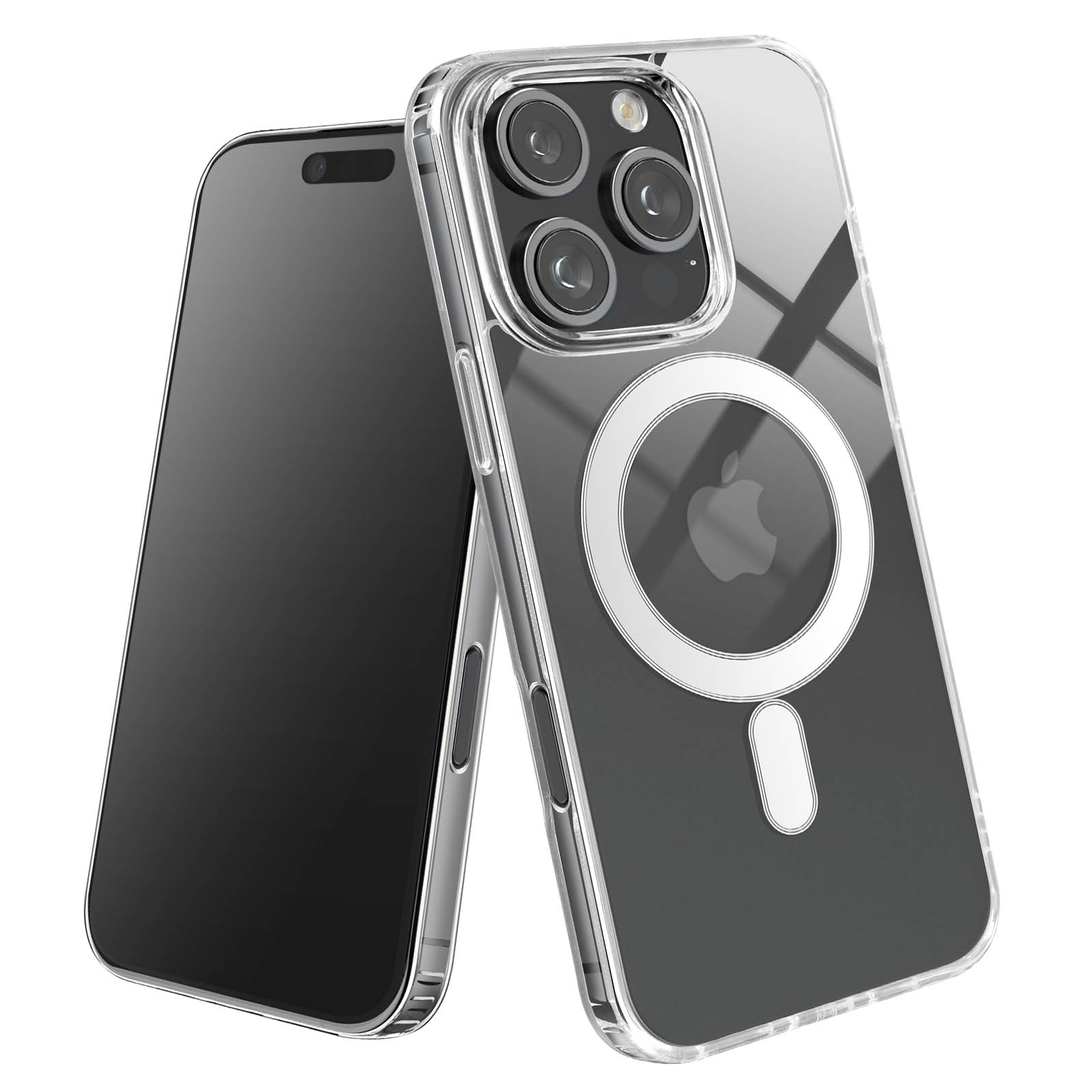 iPhone con custodia trasparente e protezione schermo. La custodia ha un anello MagSafe e logo Apple.