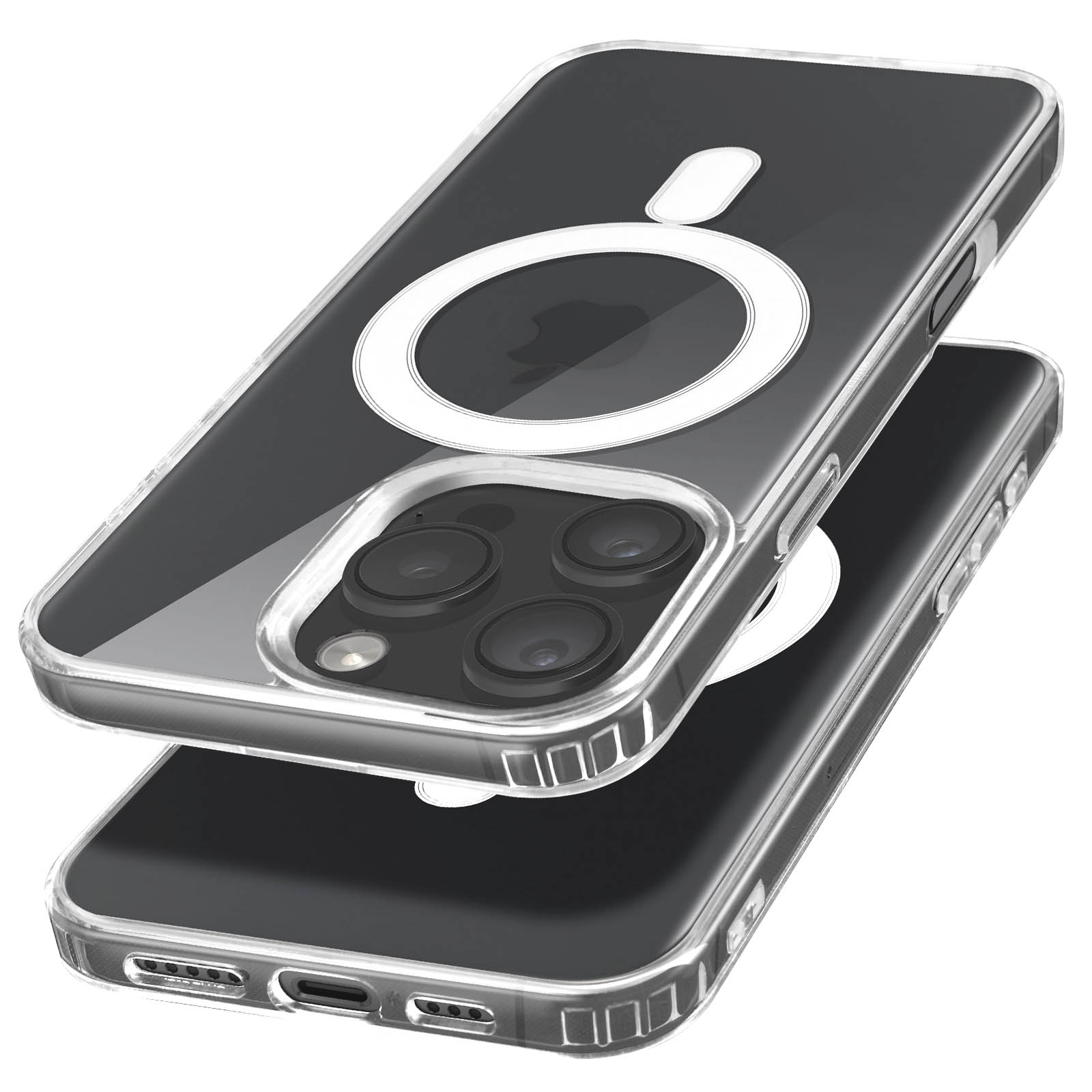 Due custodie trasparenti, una sull'altra, mostrano fotocamera e logo Apple.
