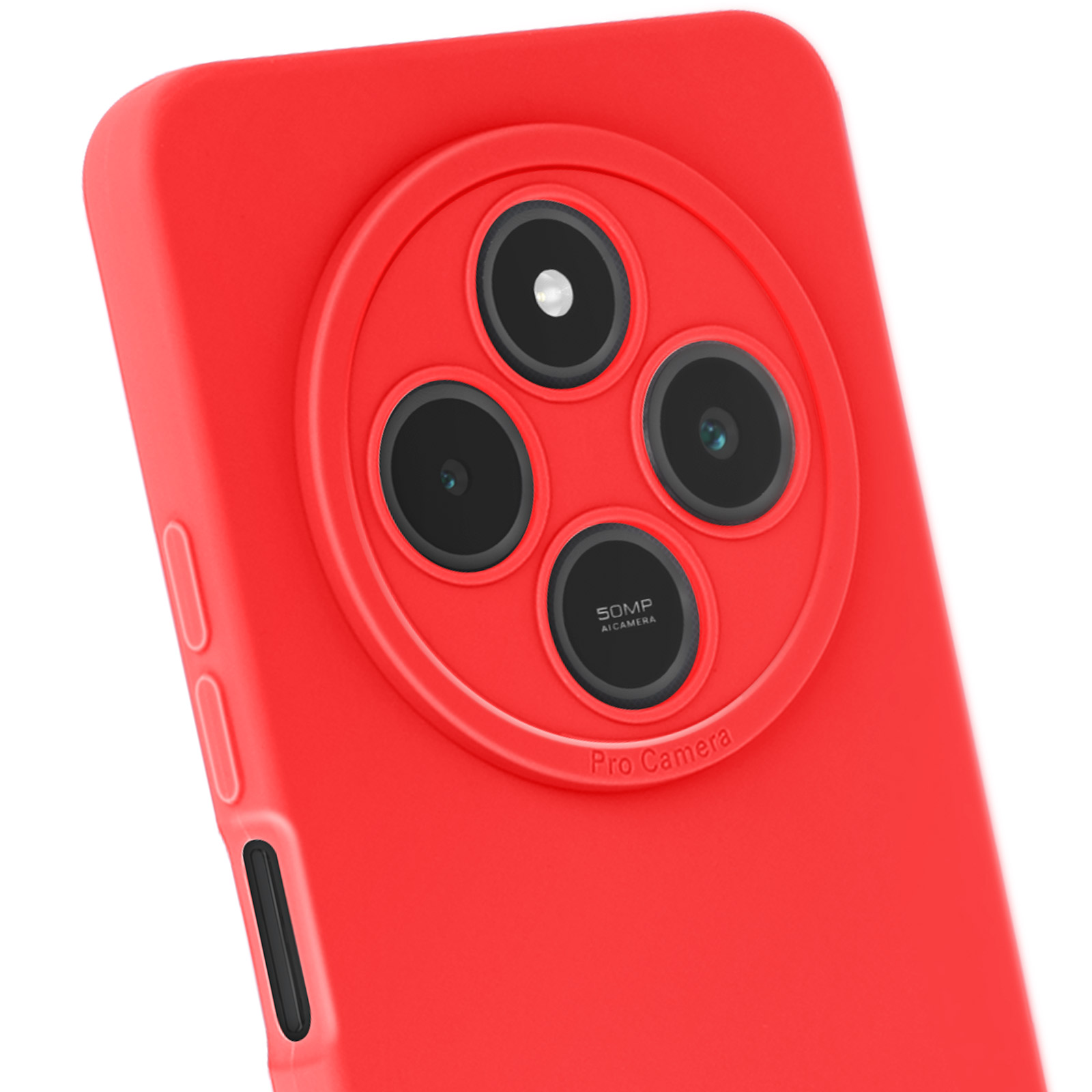 Custodia rossa per telefono con ritagli per fotocamera, che mostra tre lenti e testo.