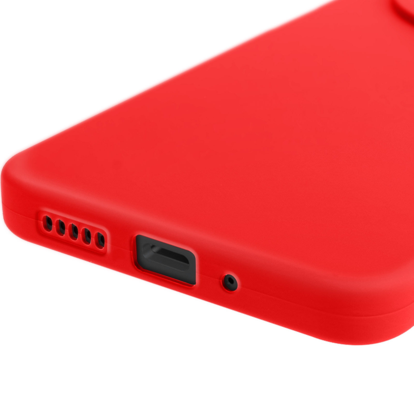 Una custodia rossa per telefono con fori per fotocamera e pulsanti e una porta di ricarica nella parte inferiore.