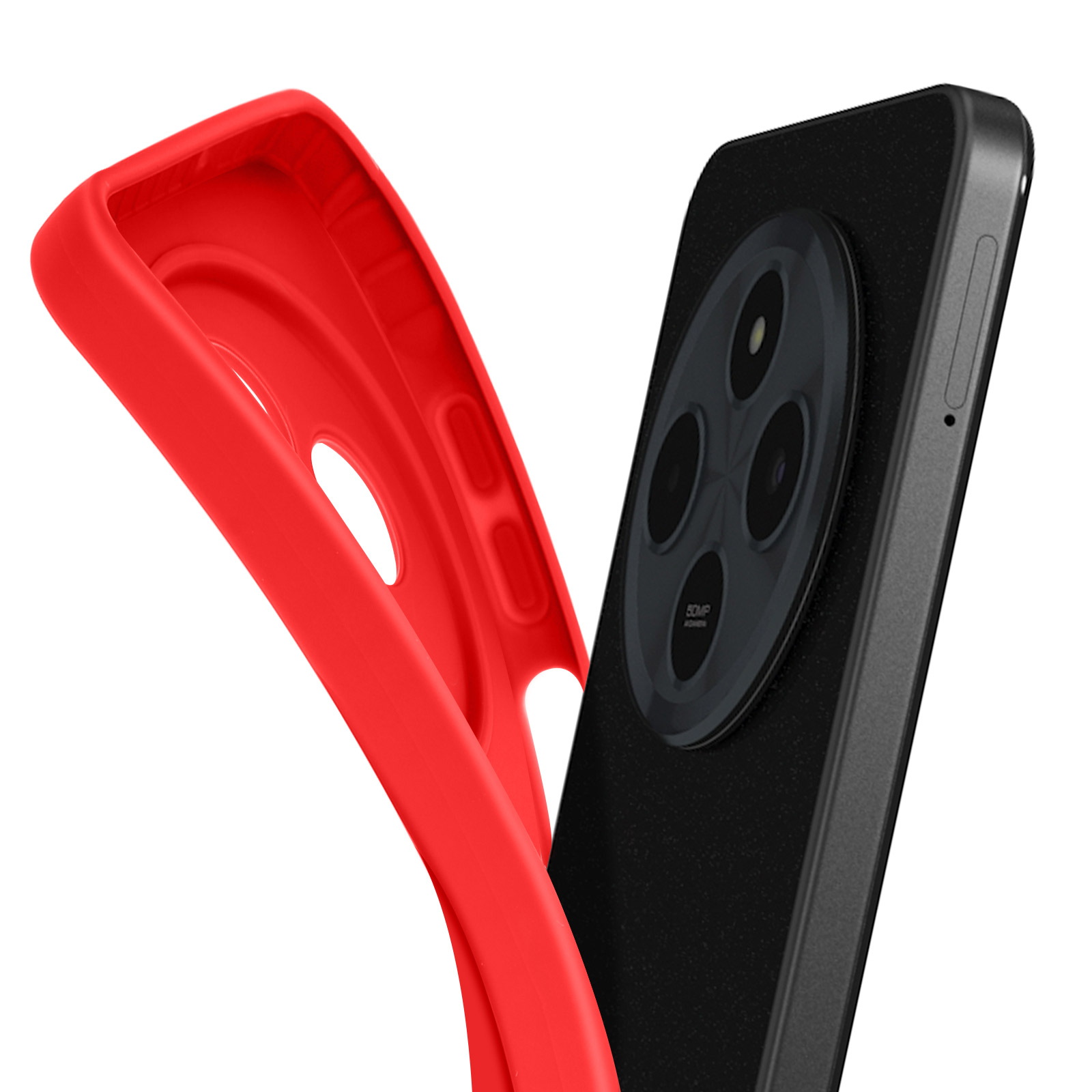 Smartphone nero con custodia rossa parzialmente sopra, mostra fotocamera e dettagli custodia.