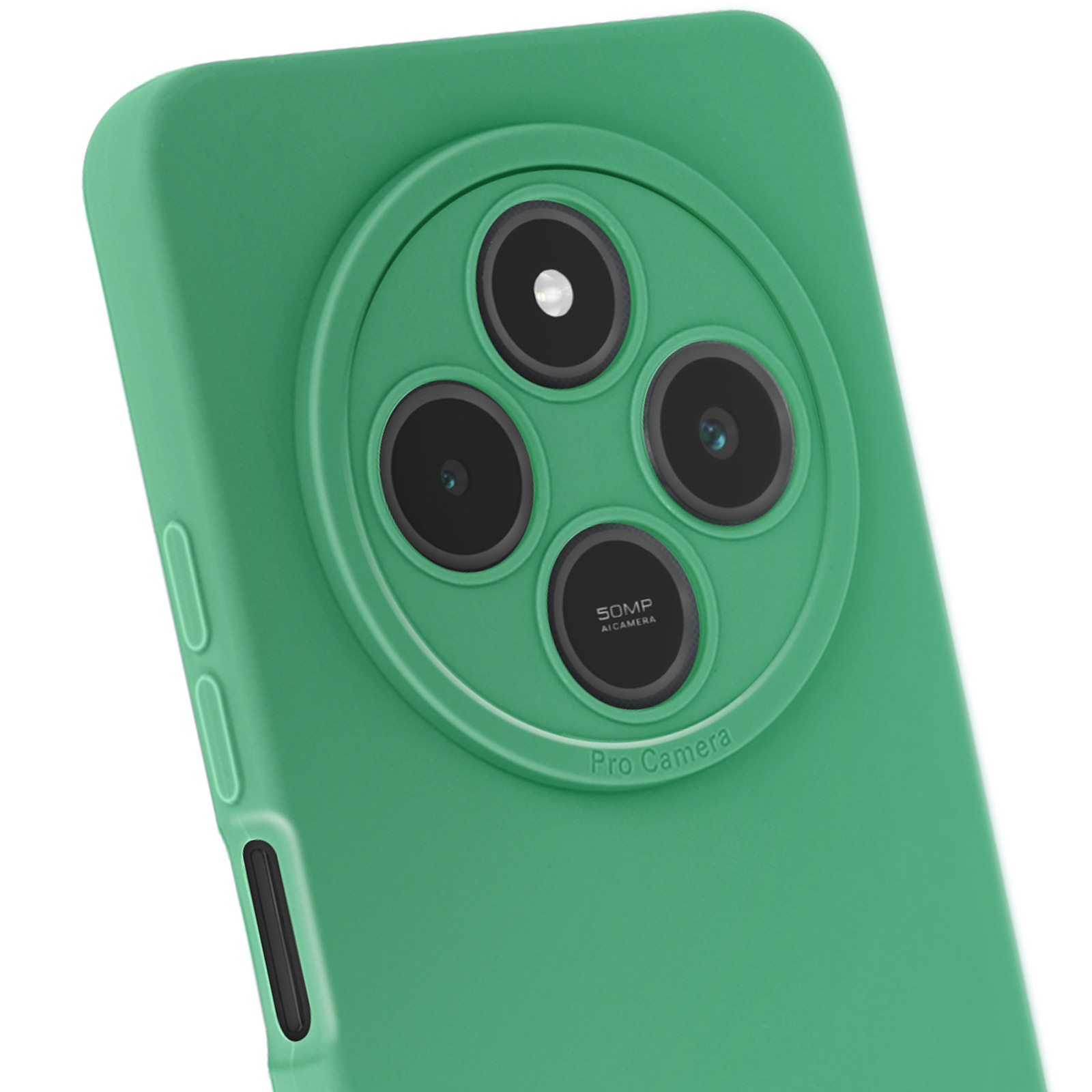Custodia verde per telefono con un modulo fotocamera e un'etichetta fotocamera da 50MP.