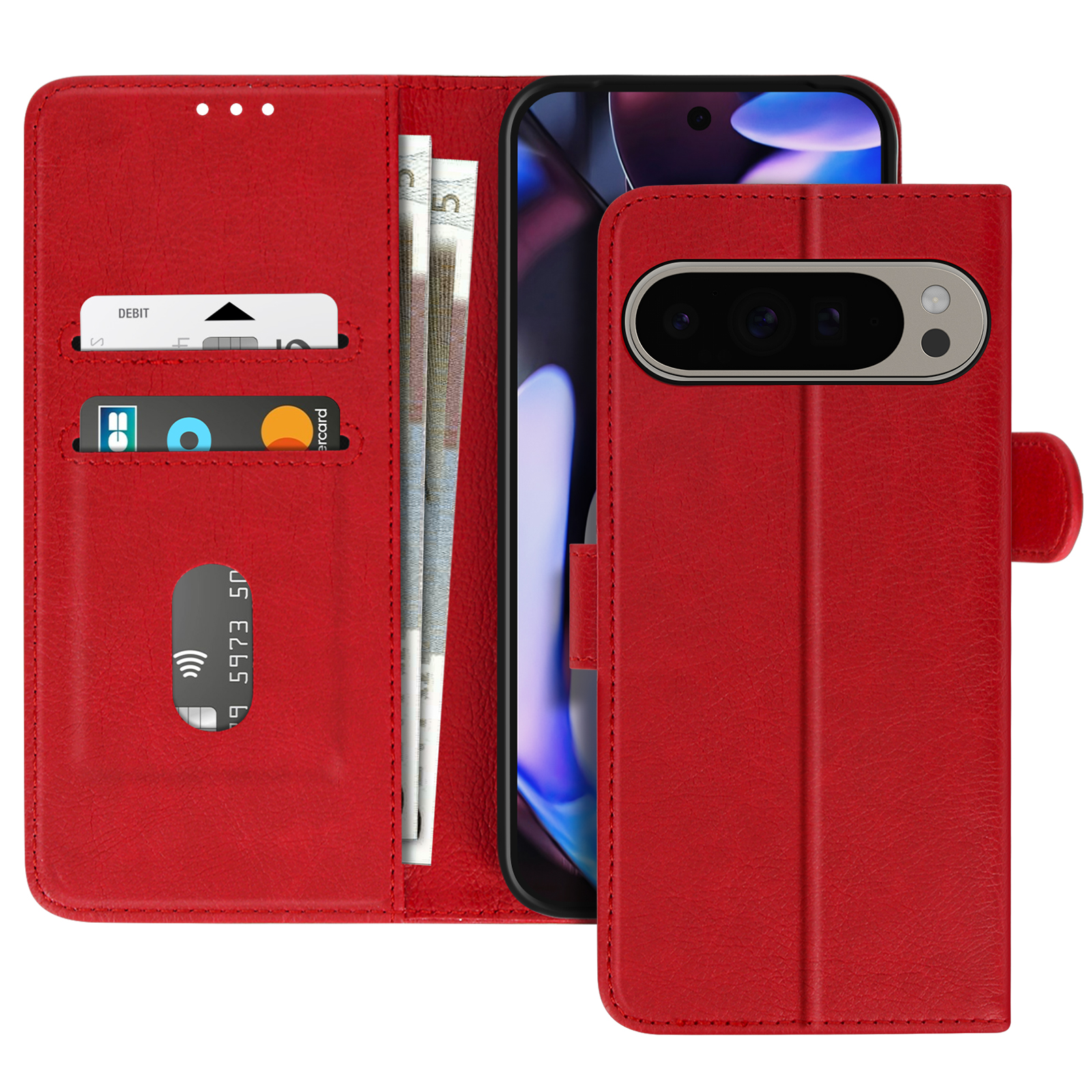Eine rote Handyhülle mit Portemonnaie-Design. Innen sind Telefon, Geld und Karten sichtbar.