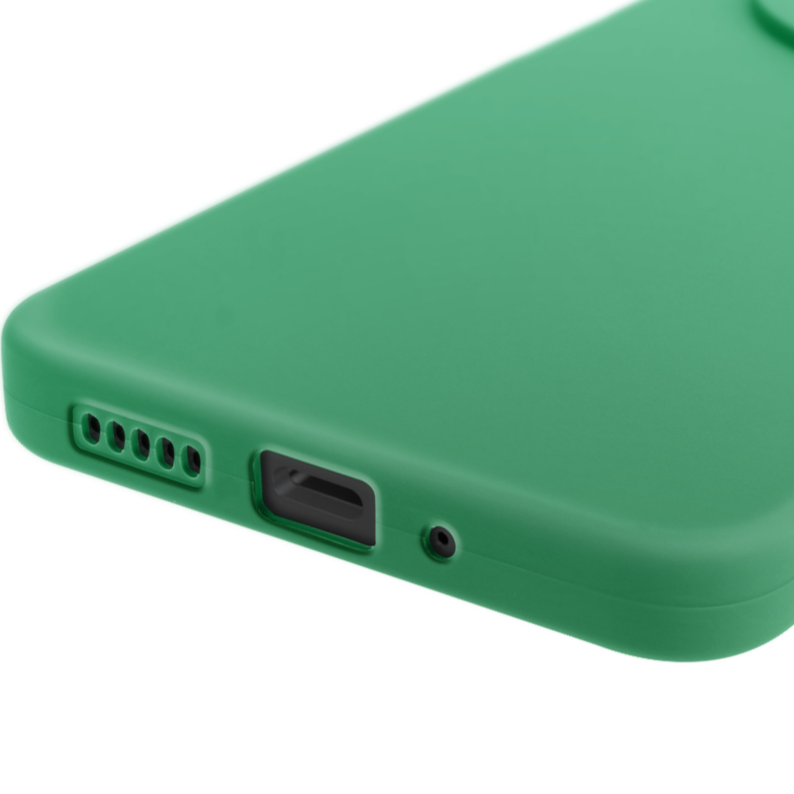 Custodia verde per telefono con fori per fotocamera e porta di ricarica. Superficie liscia.