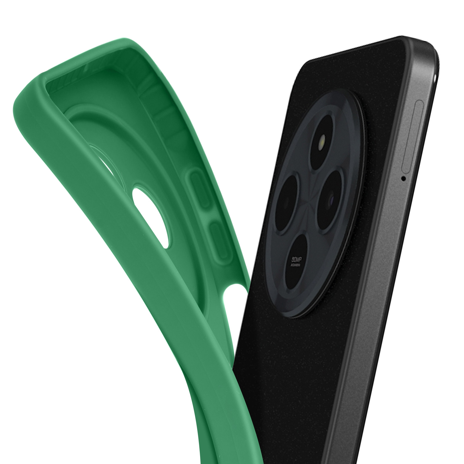 Custodia verde per telefono aperta accanto a un telefono nero con lenti della fotocamera e sfondo bianco.
