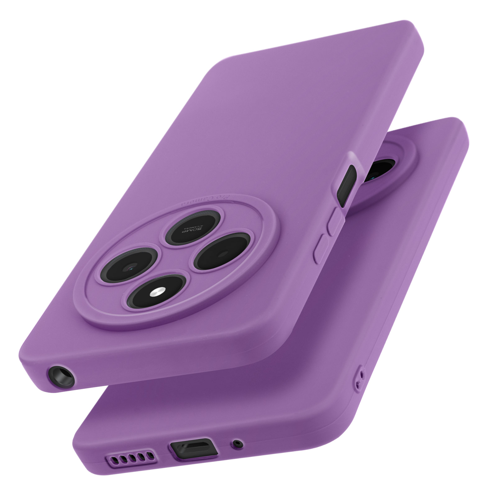 Due custodie viola per telefono, una sopra l'altra, che mostrano l'obiettivo della fotocamera e i pulsanti.
