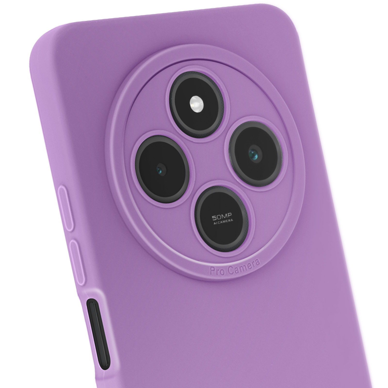 Una custodia per telefono viola con una fotocamera. La fotocamera ha quattro lenti, testo: '50MP AI Camera'.